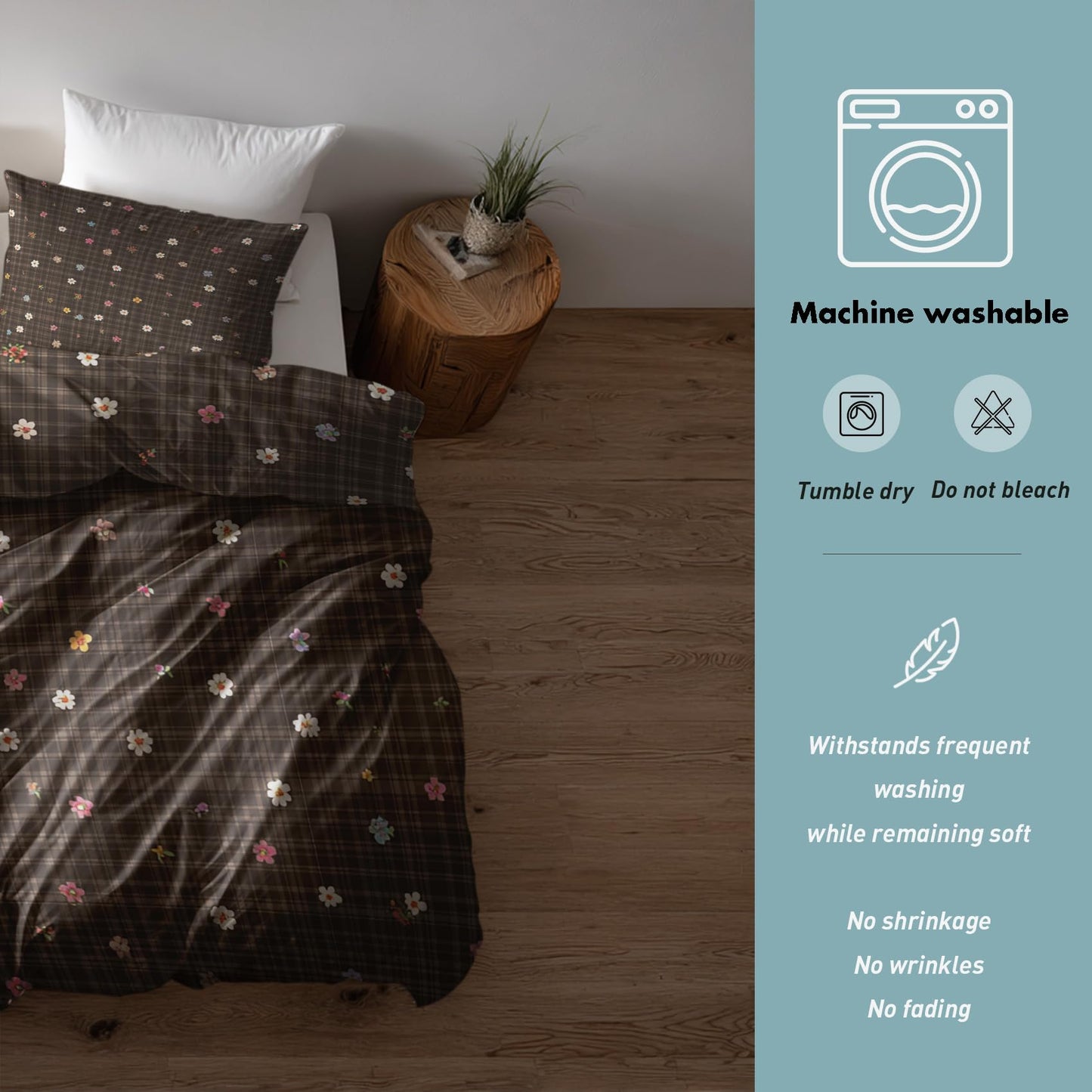 Farmhouse Floral King Size Duvet Cover Set 3 Piece, Brown Plaid Flower Reversible Bedding with 2 Pillow Shams, Zipper & Ties, Ultra Soft Microfiber, Floral Bedroom Decorations 41A-I