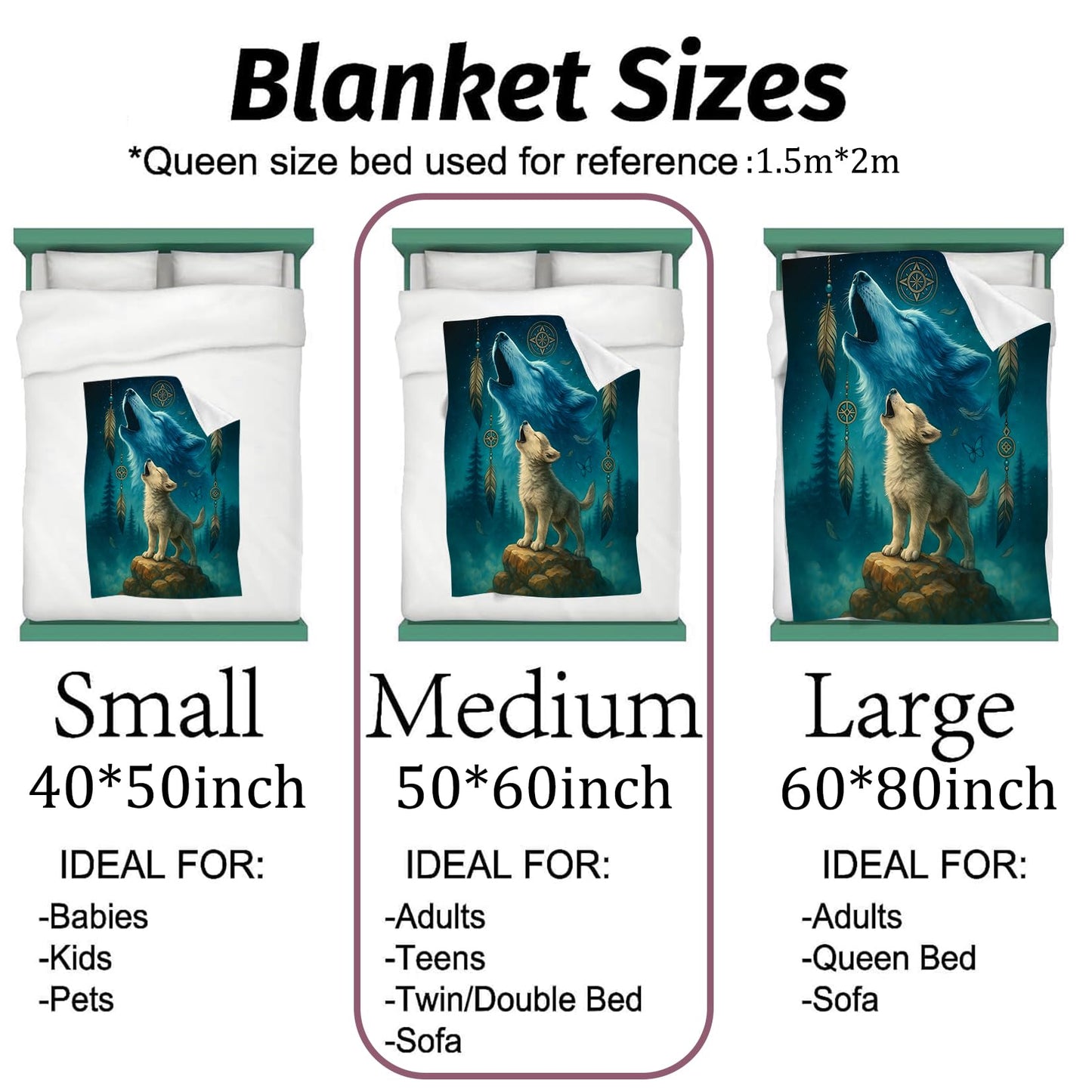 vnlvnl Howling Wolf Blanket Lightweight Flannel Blankets Gifts for Men Mystical Night Forest Scene with Feathers and Dreamcatcher Artprinted Throw for Couch Chair Office Bedroom Decor, 60x50inch