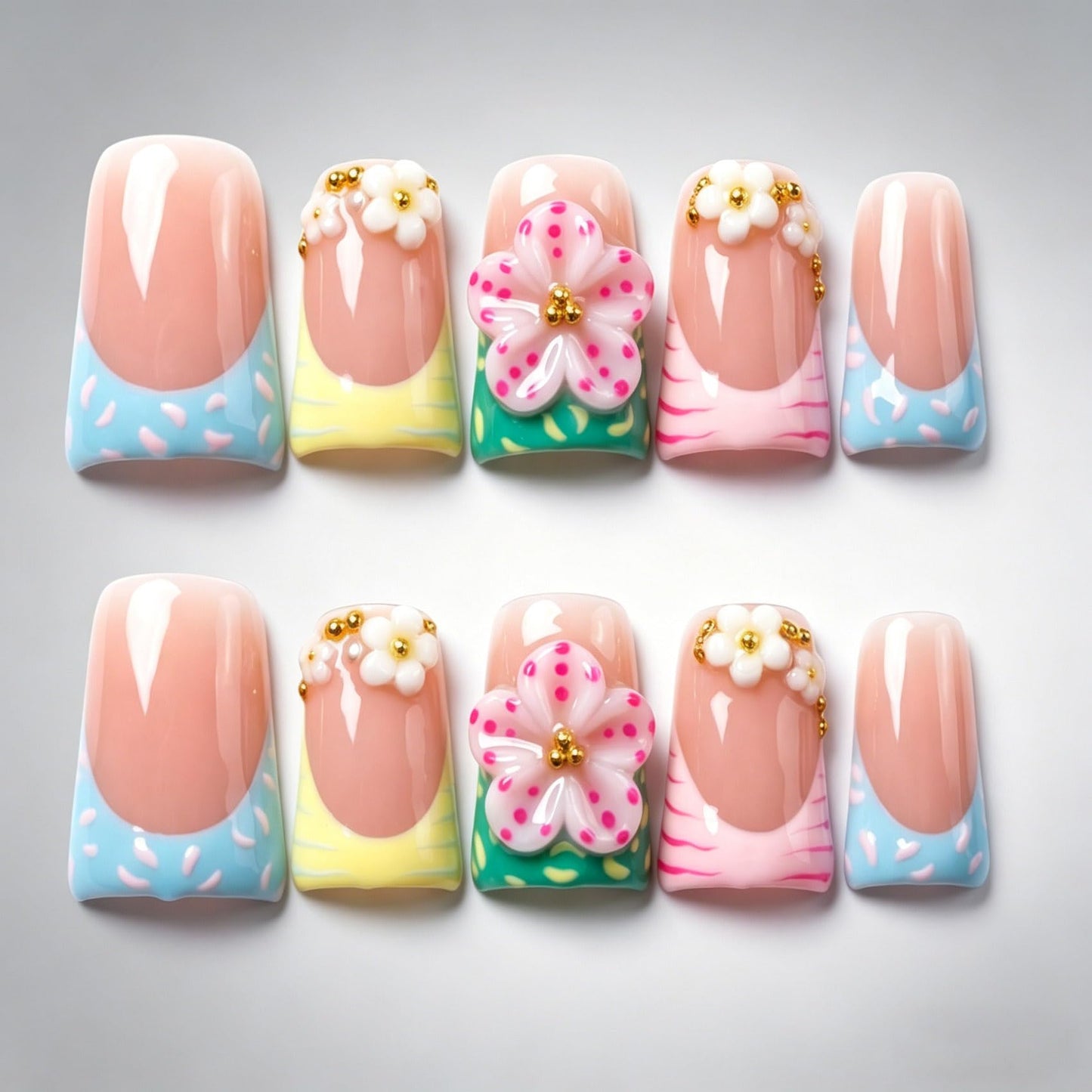 Handmade Press on Nails 3D Cute Glue on Nails for Women, Luxury Duck Nail Art Design, Fake Nails with 3D Nail Charms Size M 9