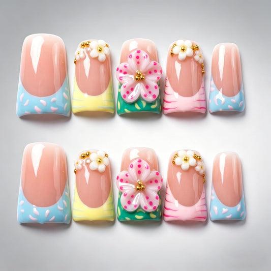 Handmade Press on Nails 3D Cute Glue on Nails for Women, Luxury Duck Nail Art Design, Fake Nails with 3D Nail Charms Size M 9