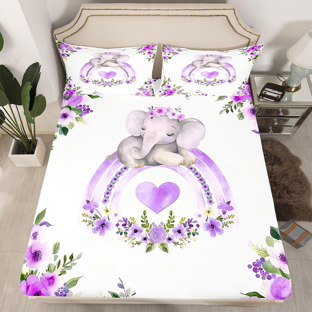 Erosebridal Cartoon Elephant Sheet Set Full | Rainbow Heart Pattern Bed Sheets for Kids Boys Girls Bohemian Colorful Flower Floral Flat Fitted Sheet African Ethnic Tribal Animal Sheets 3 Pcs