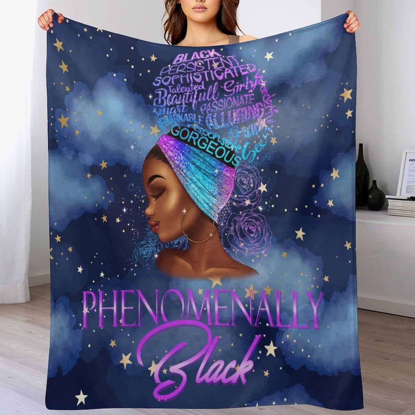 African American Woman Bedding Fleece Throw Blanket, Starry Sky Inspirational Cute Beautiful Black Grils All Season Flannel Soft Warm Microplush Lightweight Thermal for Sofa Bed Bedroom 40"x50"