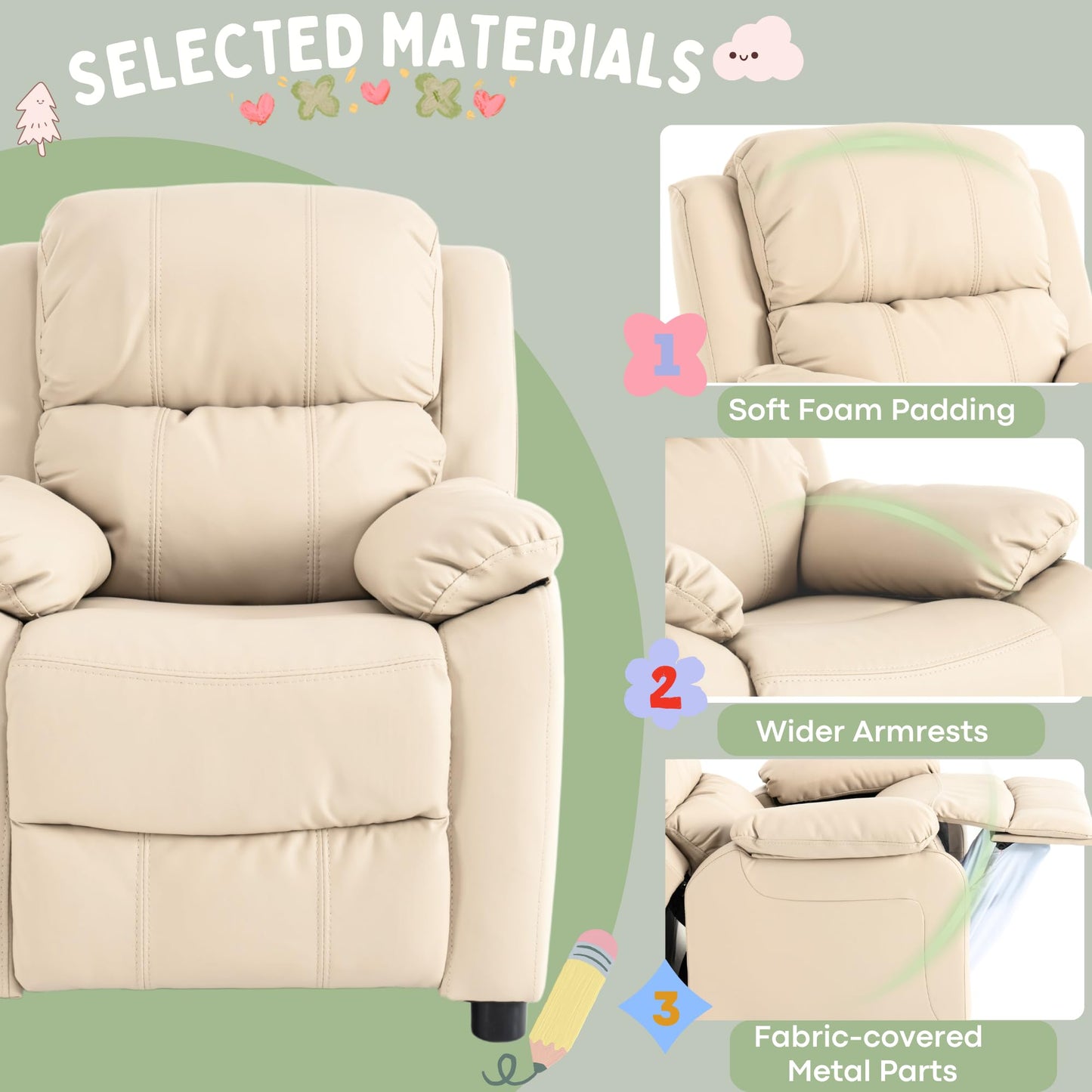 Kids Recliner Chair Storage Arms Reclining Toddler Push Back Sofa Ages 2-8
