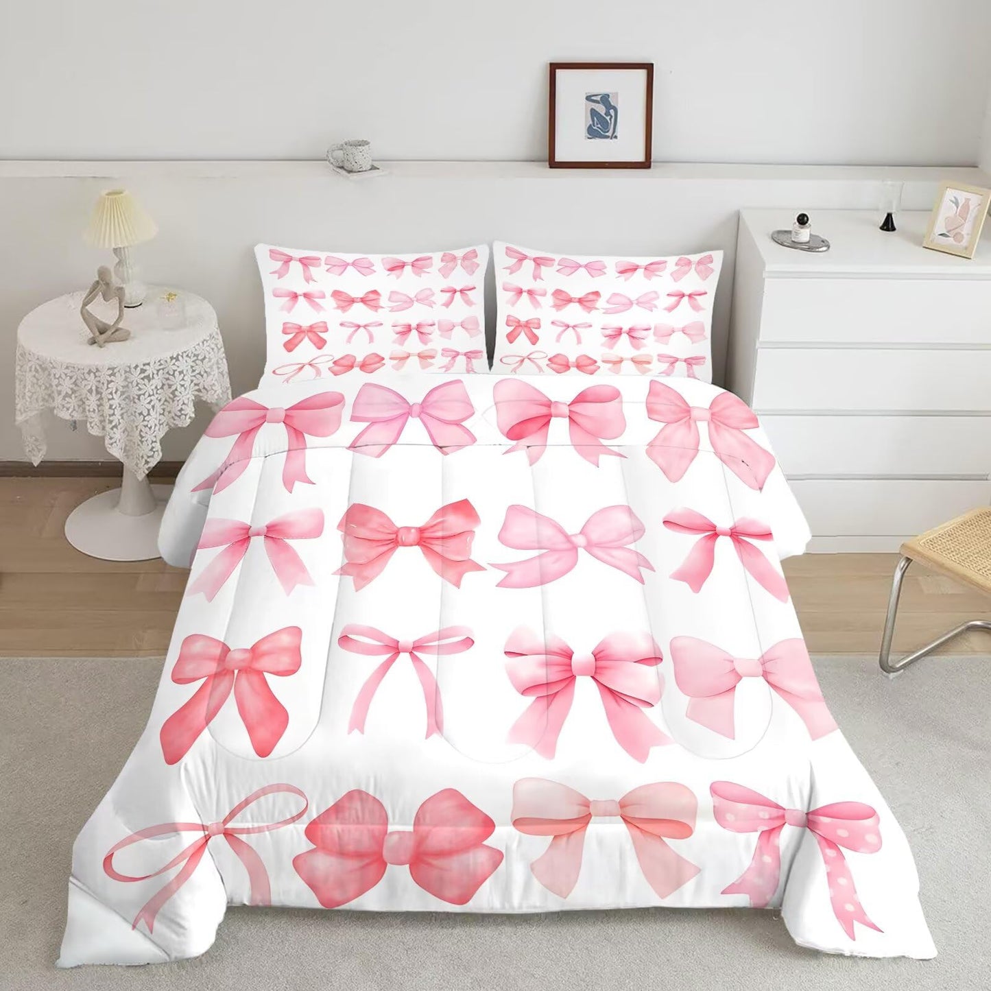 DJNEAR Pink and White Bow Comforter Set Twin Size Cute Girls Bedding Sets for Kids Women Adults Bedroom Kawaii Bowknot Quilt Room Decor 1 Comforter 1 Pillowcase
