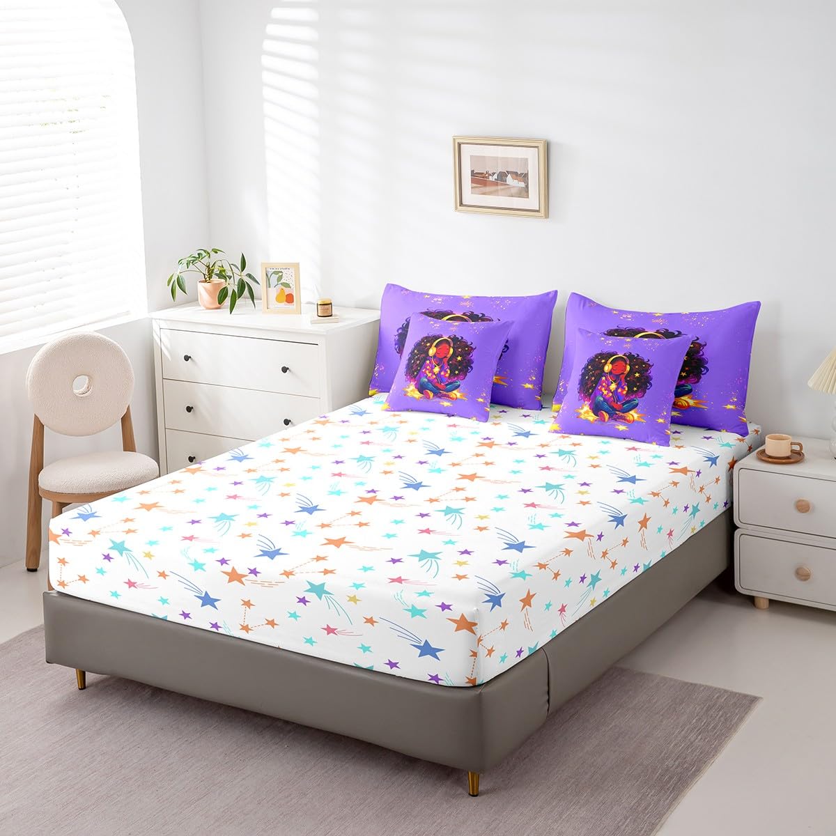 jejeloiu Kids Cute Black Girl Comforter Set 7 Pieces Full Size African American Girl Bedding Set for Boys Girls Music Bed in a Bag with Comforter, Sheets, Pillowcases & Cushion Covers（No Glitter）
