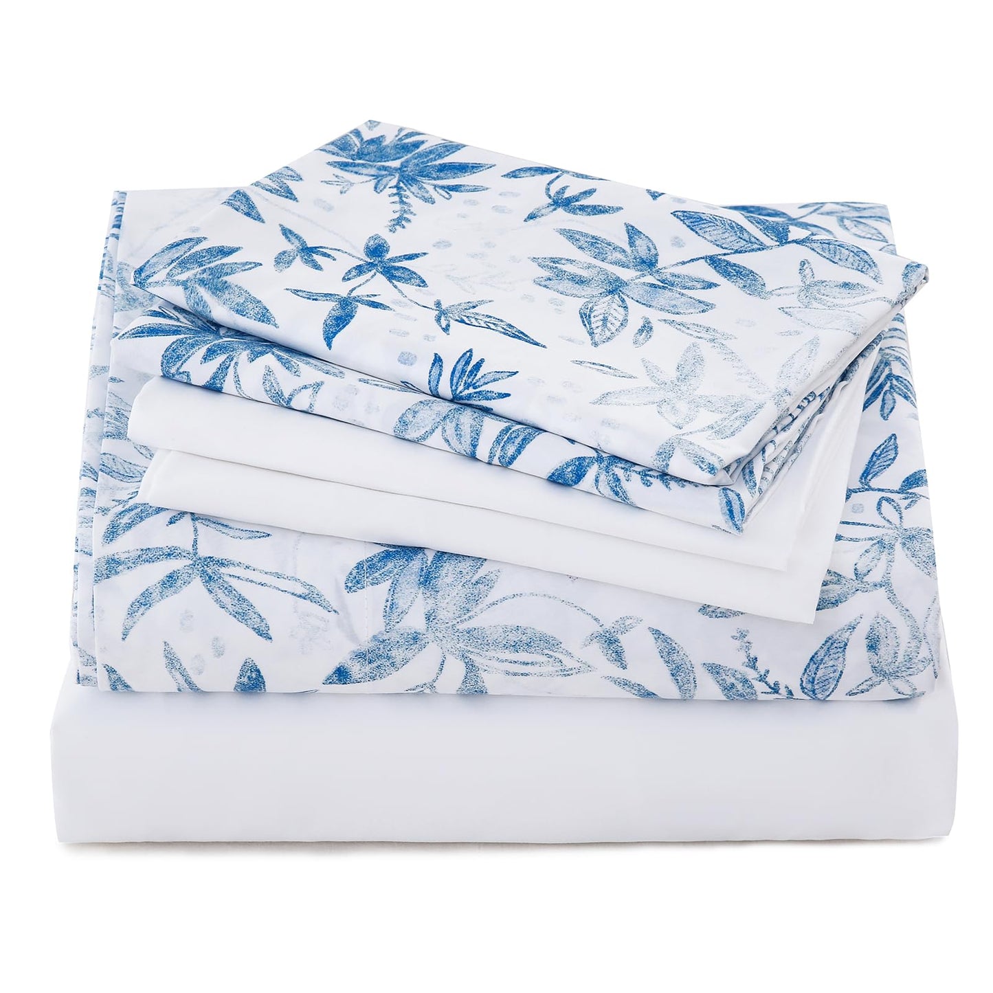 Swiftify Botanical Full Size Sheets Set 6-Piece, Boho Floral Brushed Microfiber Sheets, Cooling Bed Sheet Set, Soft & Breathable, 16' Deep Pocket Fitted Sheet & Pillowcase Set, Blue Fern Whisper