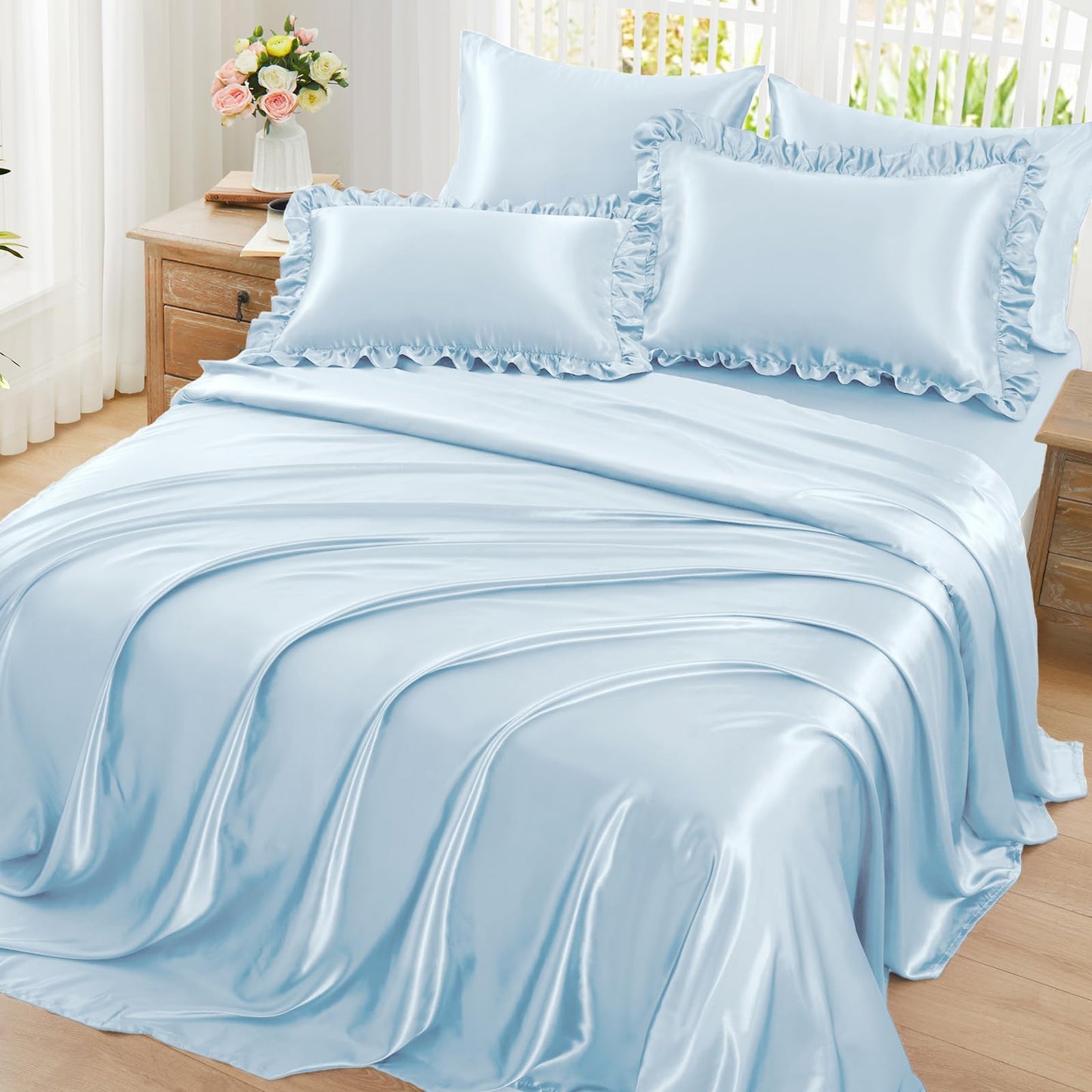 Homiest Ruffled Satin Sheets Full Size 6pc Set - Light Blue Bed Sheet Set with 15 Inch Deep Pocket Fitted Sheet, 1 Flat Sheet, 2 Ruffled Pillow Shams & 2 Pillowcases, Similar to Silk Sheets