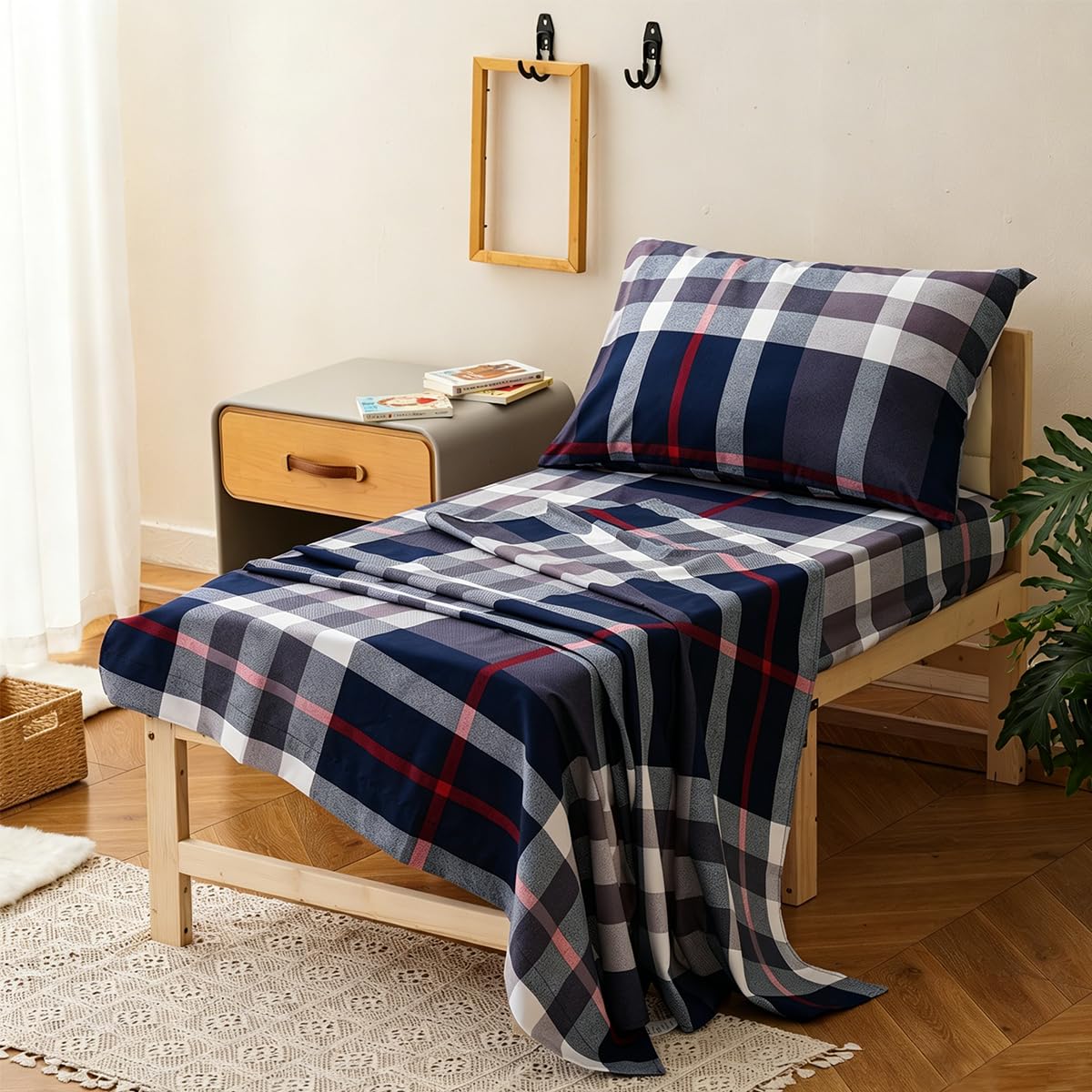 CLOTHKNOW 4Pieces Blue Plaid Toddler Bedding Sets for Boys Girls Tartan Grid Comforter Sets, Tartan Check Bedding, Soft Crib Bed Sets