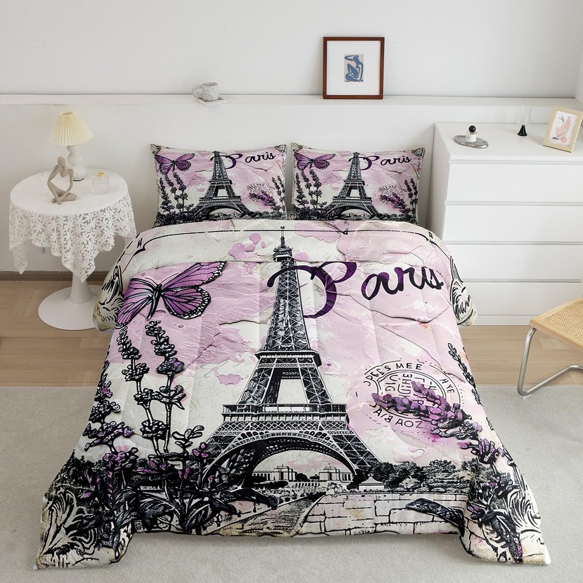 Purple Paris Eiffel Tower Comforter Set Queen Size,Butterfly Lavender Bedding Set for Kids Boys Girls Room Decor,Romantic French Style Duvet Insert 3Pcs,Floral Modern Luxury Quilt Set,2 Pillowcases
