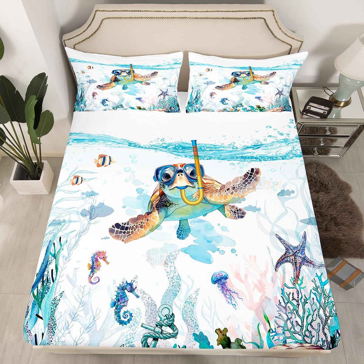 Feelyou Toddler Sea Turtle Bed Sheet Set Ocean Fitted Sheet for Kids Boys Girls Teens Room Decor Reptile Tortoise Bedding Set Twin Size Coastal Bed Cover Deep Pocket