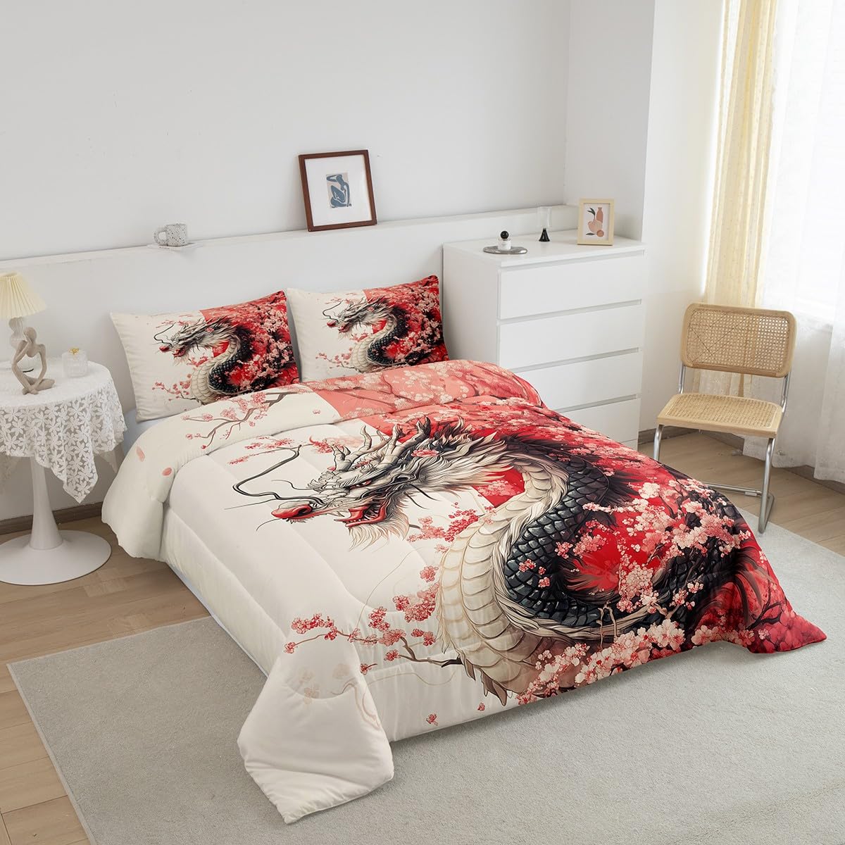 Erosebridal Girls Dragon Comforter Set Queen Size, Japanese Style Animal Down Comforter Cherry Blossoms Sakura Bedding Set Ancient Wildlife Quilt for Kids Teens Adult Women Bedroom Decor, Pink