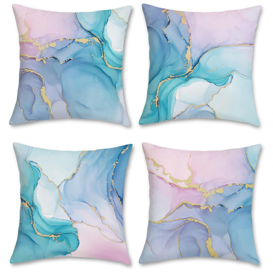 Bonhause Colorful Marble Throw Pillow Covers 18 x 18 Inch Pink Purple Blue Turquoise Watercolor Abstract Modern Decorative Pillows for Couch Sofa Bed Home Decor Set of 4