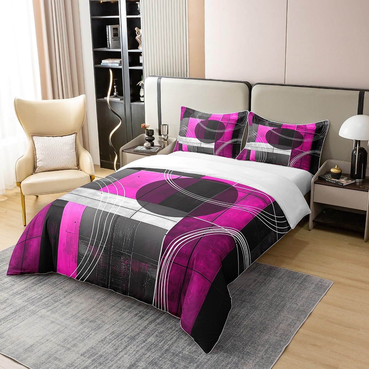 jejeloiu Purple Black Duvet Cover 100% Cotton King Size Kids Abstract Geometric Comforter Cover for Boys Girls Teens Modern Art Bedding Set Breathable Soft Room Decor