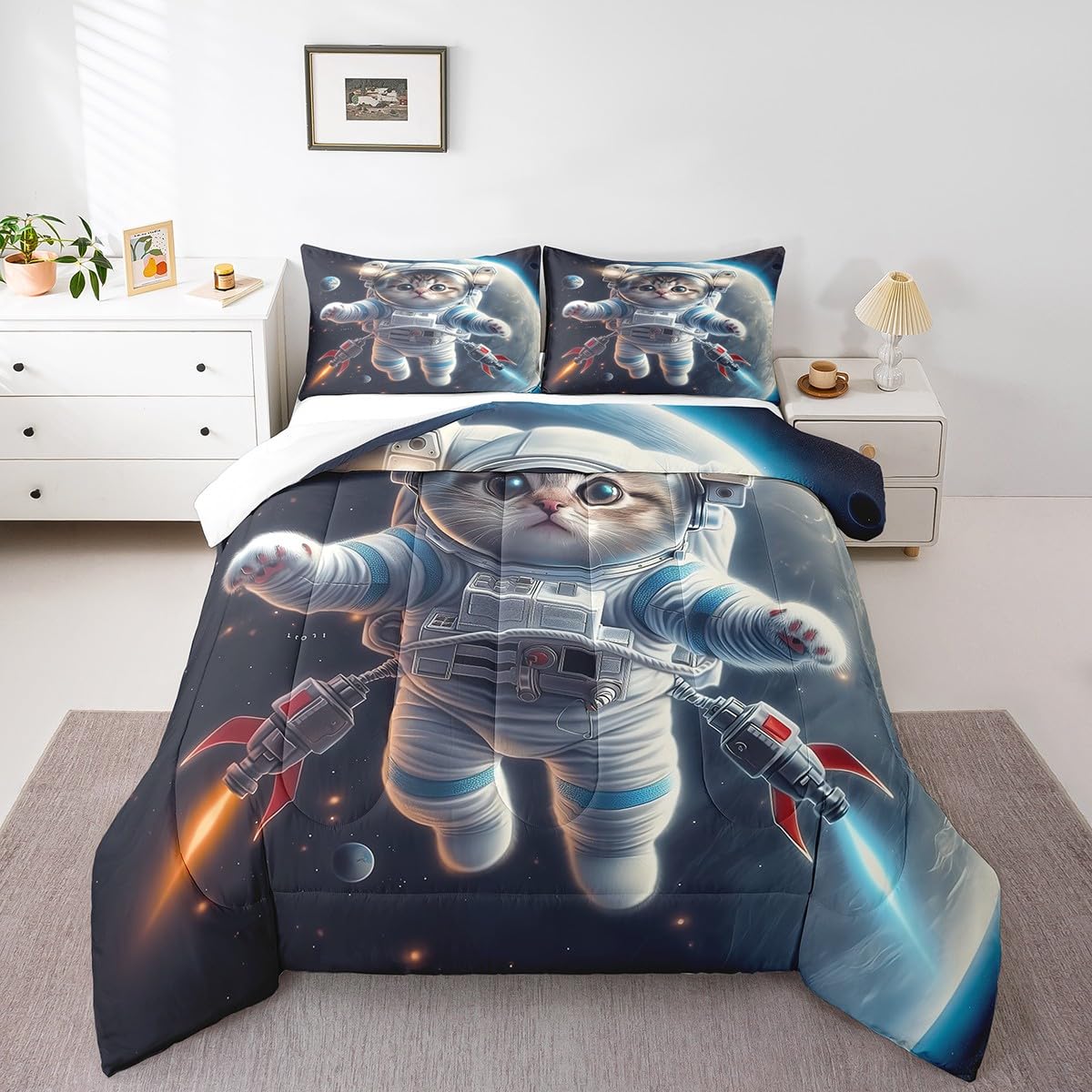 Erosebridal 3D Astronaut Cat Twin Bedding Sets for Girls Boys Kids Toddler,Outer Space Themed Cat Comforter Set Kawaii Room Decor,Rocket Ship Planet Bedding Set Universe Galaxy Quilt Bed Set 2Pcs