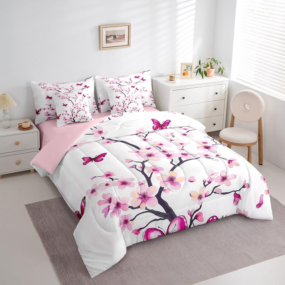 Erosebridal Cherry Blossom Bedding Set,Spring Elegant Flowers Butterfly 7 Piece Comforter Set Queen Bed in a Bag for Girls Women,Girly Japanese Style Quilt Duvet,Botanical Floral Bed Set,Pink Purple