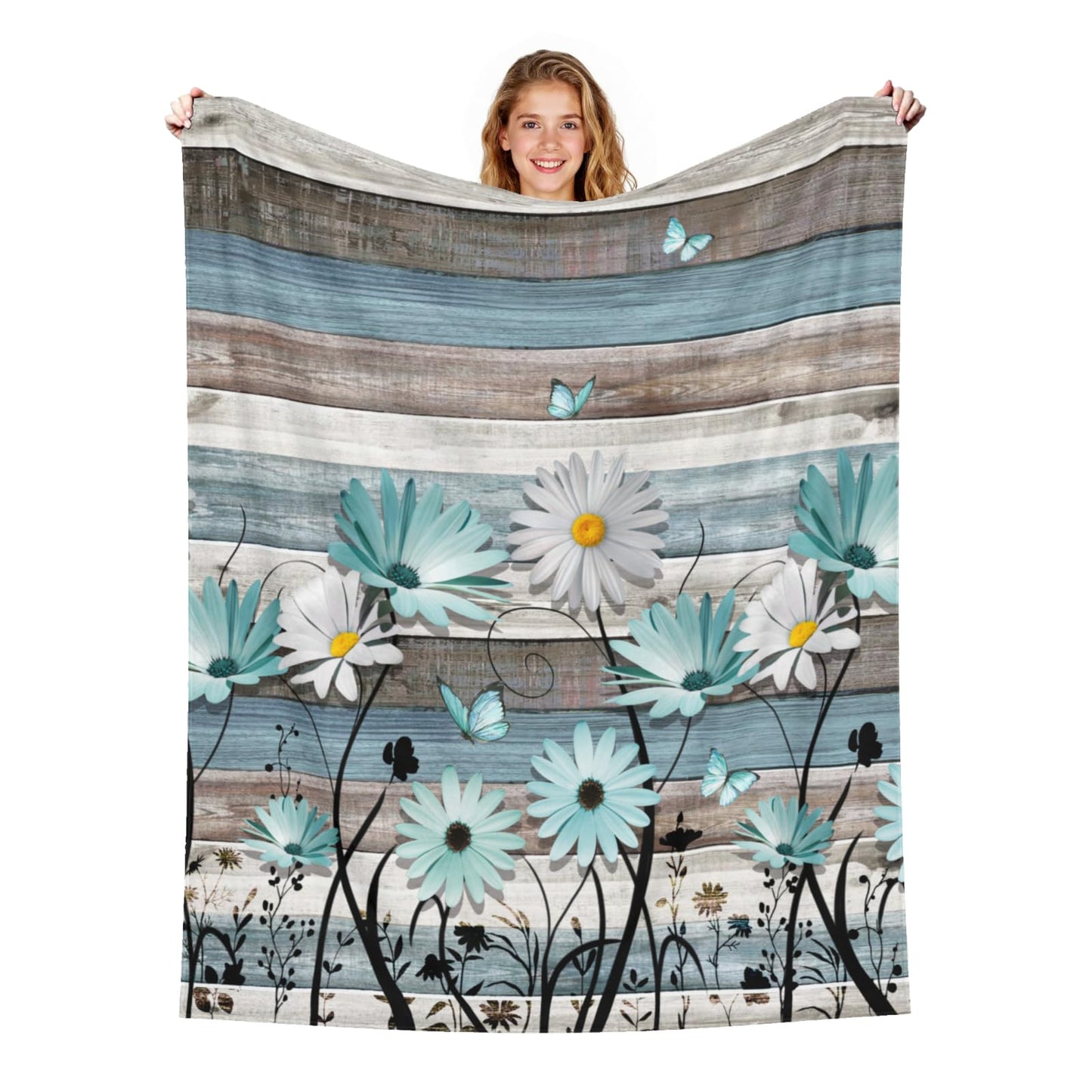 Arktrident Daisy Floral Throw Blanket Rustic Wood Lightweight Cozy Fuzzy Plush Couch Cover Flannel Fleece Bed Blankets for Bedroom Living Room 50"X60"