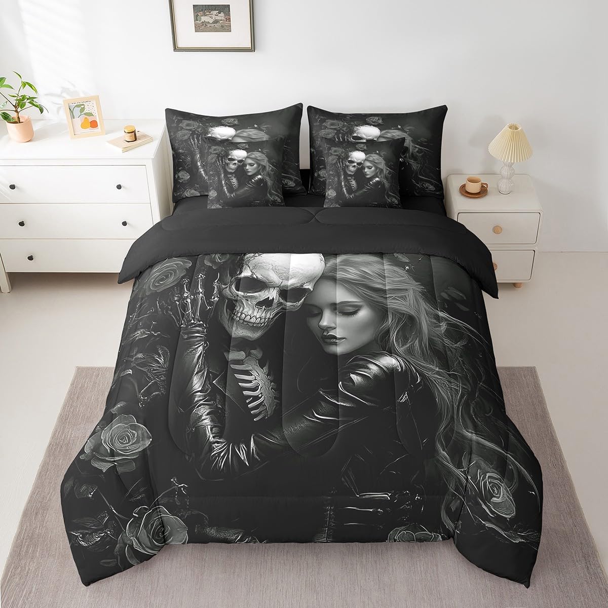 Erosebridal 7Pcs Black Valentines Day King Comforter Set,3D Girl Sugar Kiss Skull Bedding Sets,Gothic Rose Floral Bed in A Bag,Skull and Love Quilt with Flat Fitted Sheet Valentine's Day Gift Decor