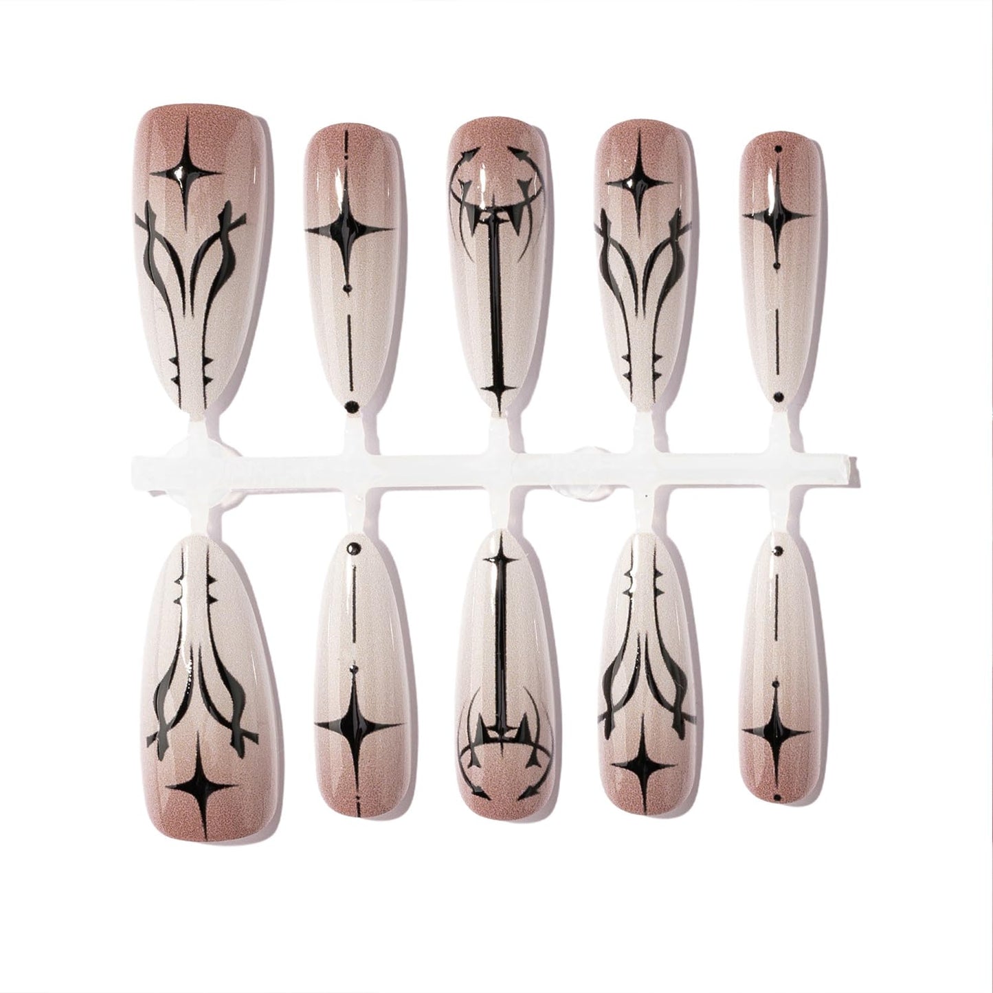 Goth Press on Nails Long Almond Shape Fake Nails with Black Star Designs Gothic Glue on Nail Reusable Artificial Acrylic Gradient Full Cover Glossy Stick on False Nail for Women 30 Pcs