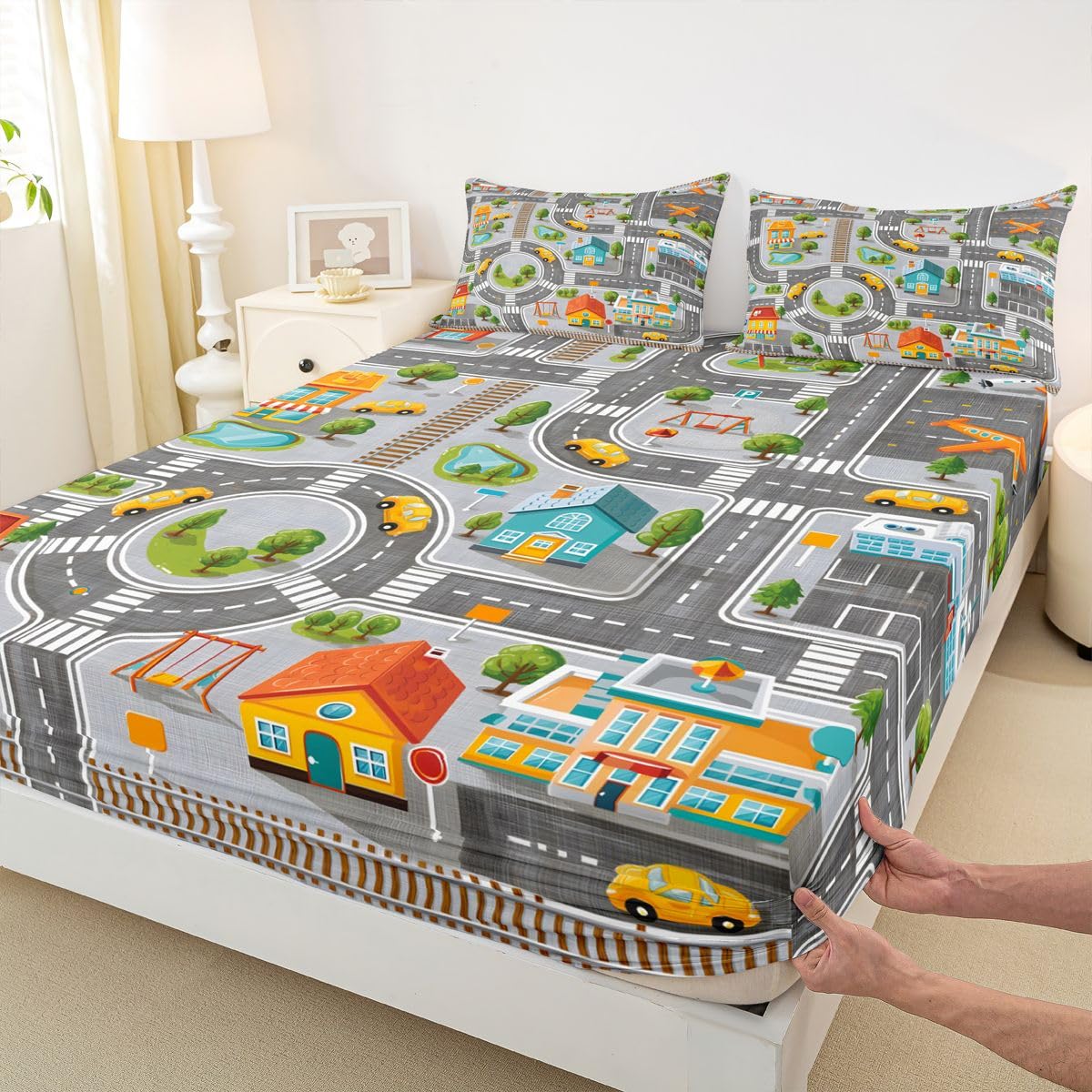 Manfei City Traffic Map Fitted Sheet Set Road Street Car House Bedding Set 3pcs Cartoon Play Interactive Bed Sheet with 2 Pillowcases Kids Room Decor Soft Deep Pocket Bedding(No Flat) Queen Gray White
