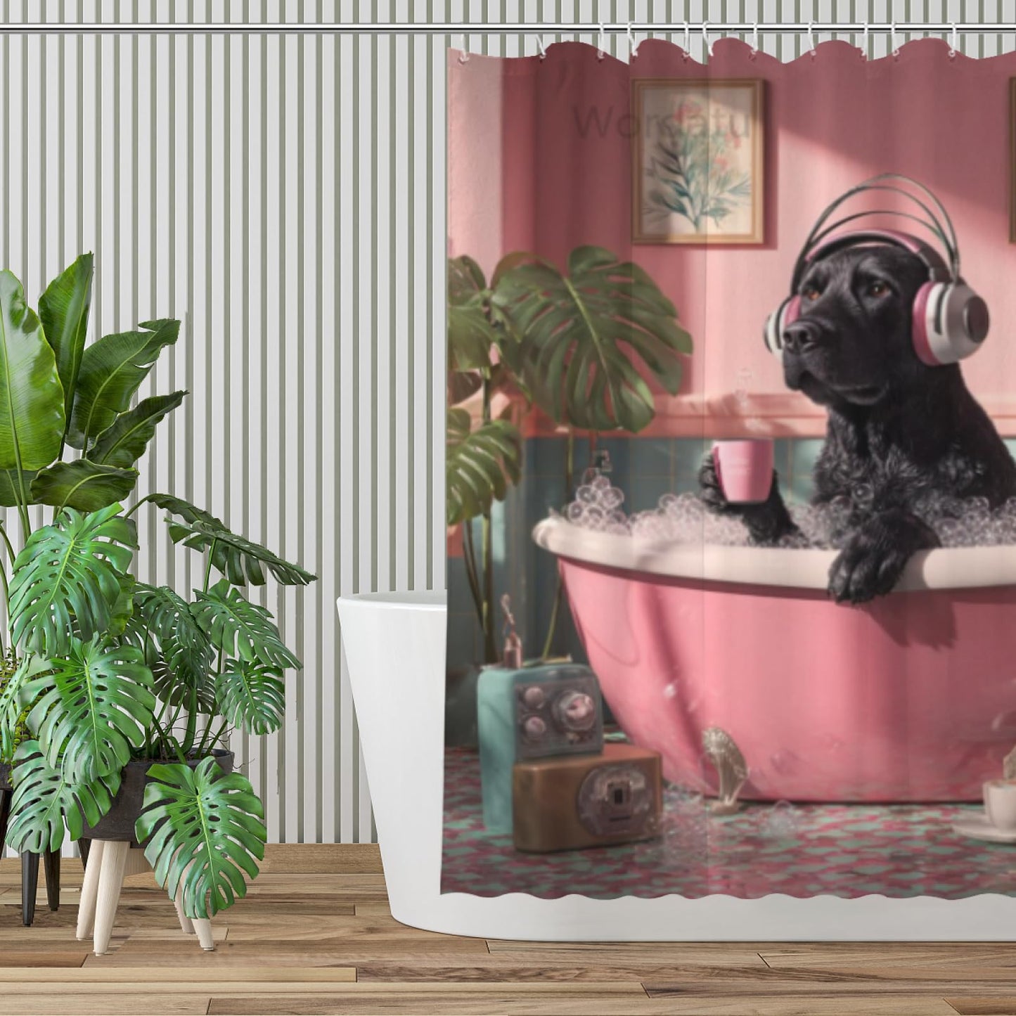 Wordatu Black Labrador Dog Shower Curtain Kids Cute Fun Pet in Bathtub Tropical Leaves Palm Leaf Plant Greenery Bathroom Decor Fabric Polyester Waterproof 72x72 Inch