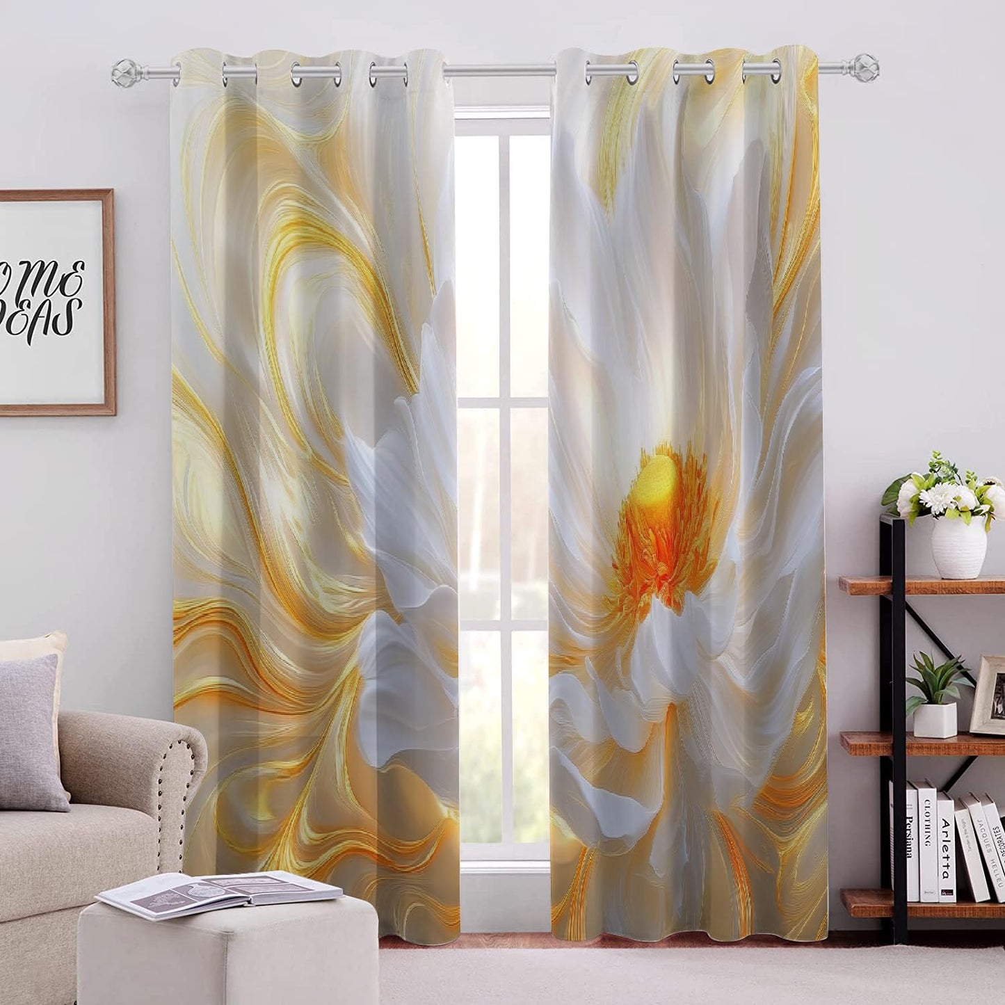 Blooming White Flowers Blackout Curtains, Shiny Gold Background Window Curtain Set of 2 Panels, 3D Printed Darkening Thermal Insulated Drapes for Bedroom Home Living Room(63" W x 63 "L)