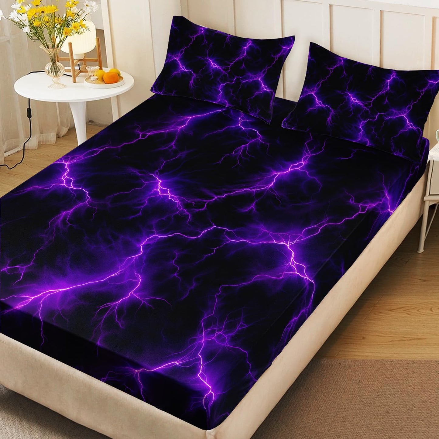 HOSIMA Lightning Fitted Sheet Twin Size, Abstract Neon Game Bedding Set for Boys & Girls, 1 Fitted Sheet + 2 Pillowcases