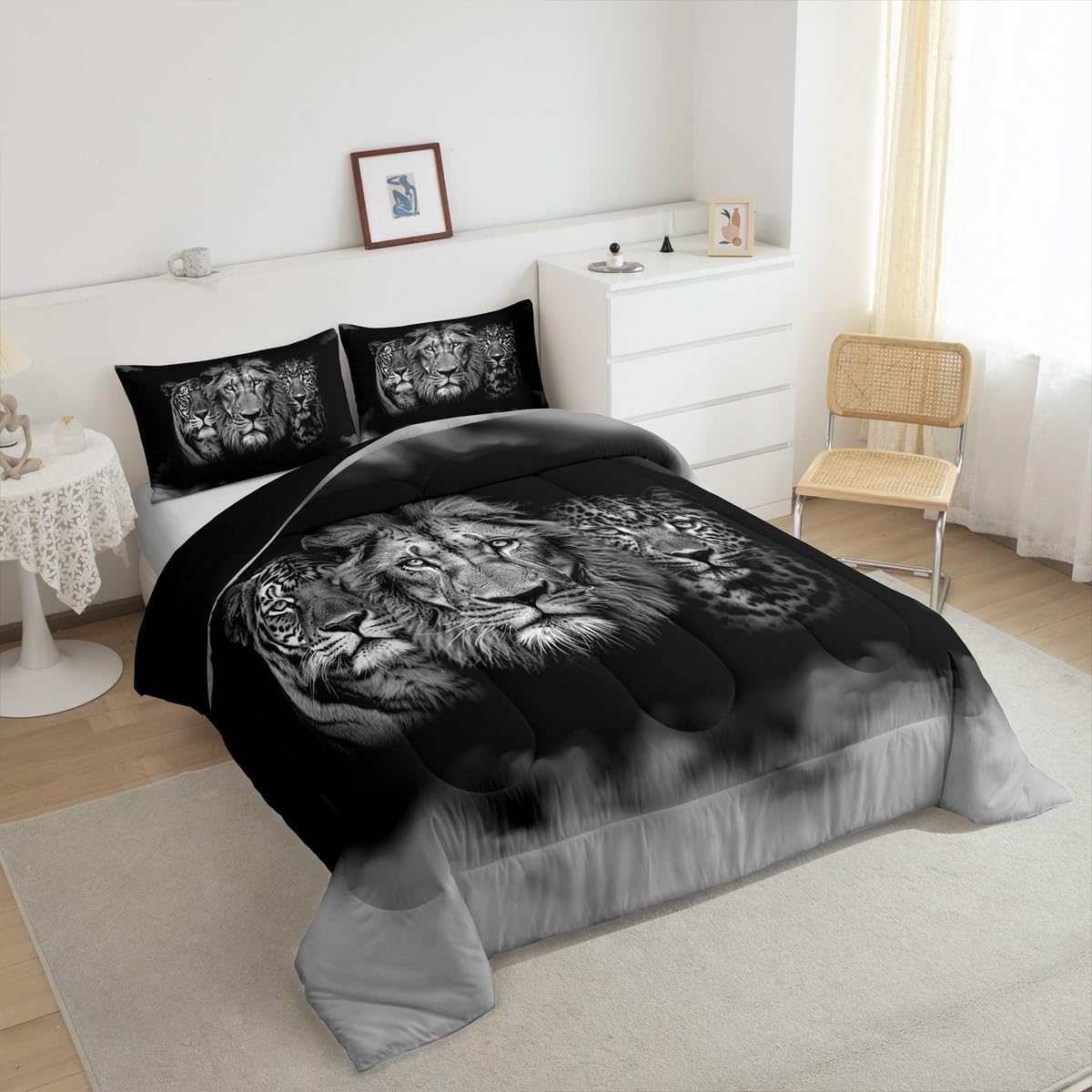 Wild Animals Comforter Set Queen Size Tiger Lion Leopard 3D Bedding Set 3pcs for Kids Boys Men Home Room Decor,Black White Smog Quilt Set Modern Microfiber Duvet Insert with 2 Pillowcases