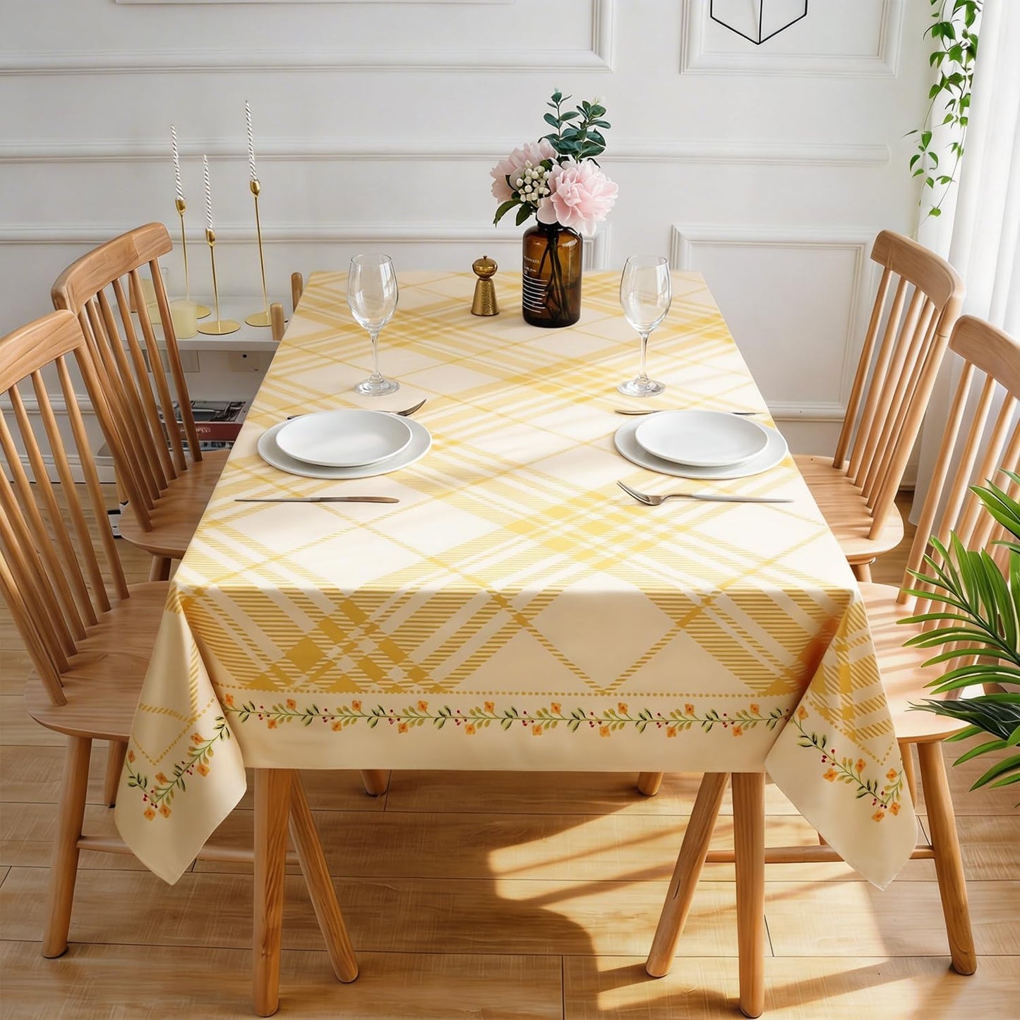 Quantum Love Heavy Duty Vinyl Tablecloths Rectangular Waterproof Plastic Yellow Table Cloth Wipeable Washable Table Cover for Dining Birthday Living Room Gathering (55'' x 78'',Lemon Stripe Check)