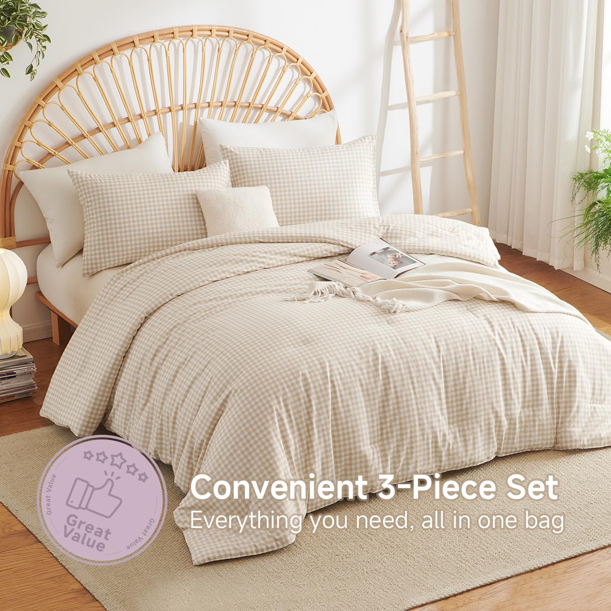 Erwinmu Gingham Comforter Set King Size - 3 Pieces Beige White Gingham Comforter Bedding Sets Checkered Pattern,Kingsize Bed in a Bag with Plaid Comforter and 2 Pillowcases