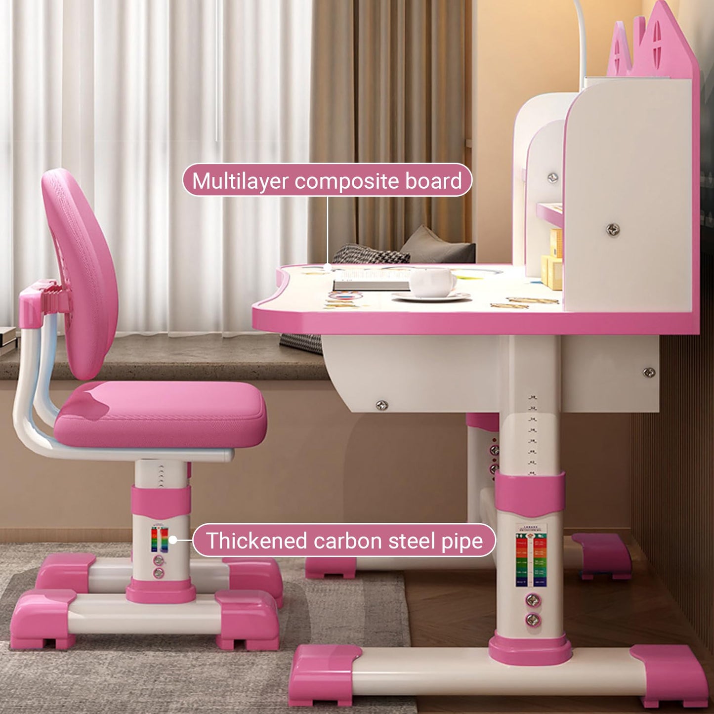 ZTGD Kids Adjustable Study Desk & Chair Set w/Storage,Drawers,Bookshelf,Child Toddler Writing Homework Table,Little Girl Work Computer Desk,Princess Preschool Table (Pink B)
