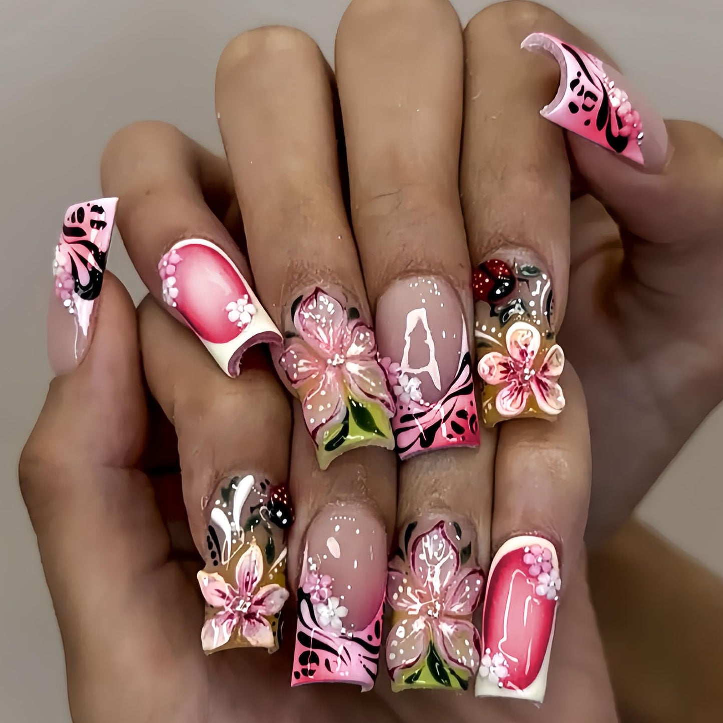 Spring Press on Nails Medium Square Fake Nails with 3D Flower Pearl Designs French Tip Nails Press ons Green Gradient Acrylic Nails for Women 24Pcs