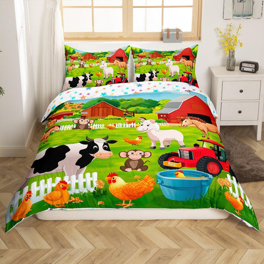 Feelyou Kids Bedding Set Cartoon Farmhouse Duvet Cover Set Cute Farm Animal Boys Girls Toddler Comforter Cover Country Style Quilt Cover with 2 Pillowcases King Size