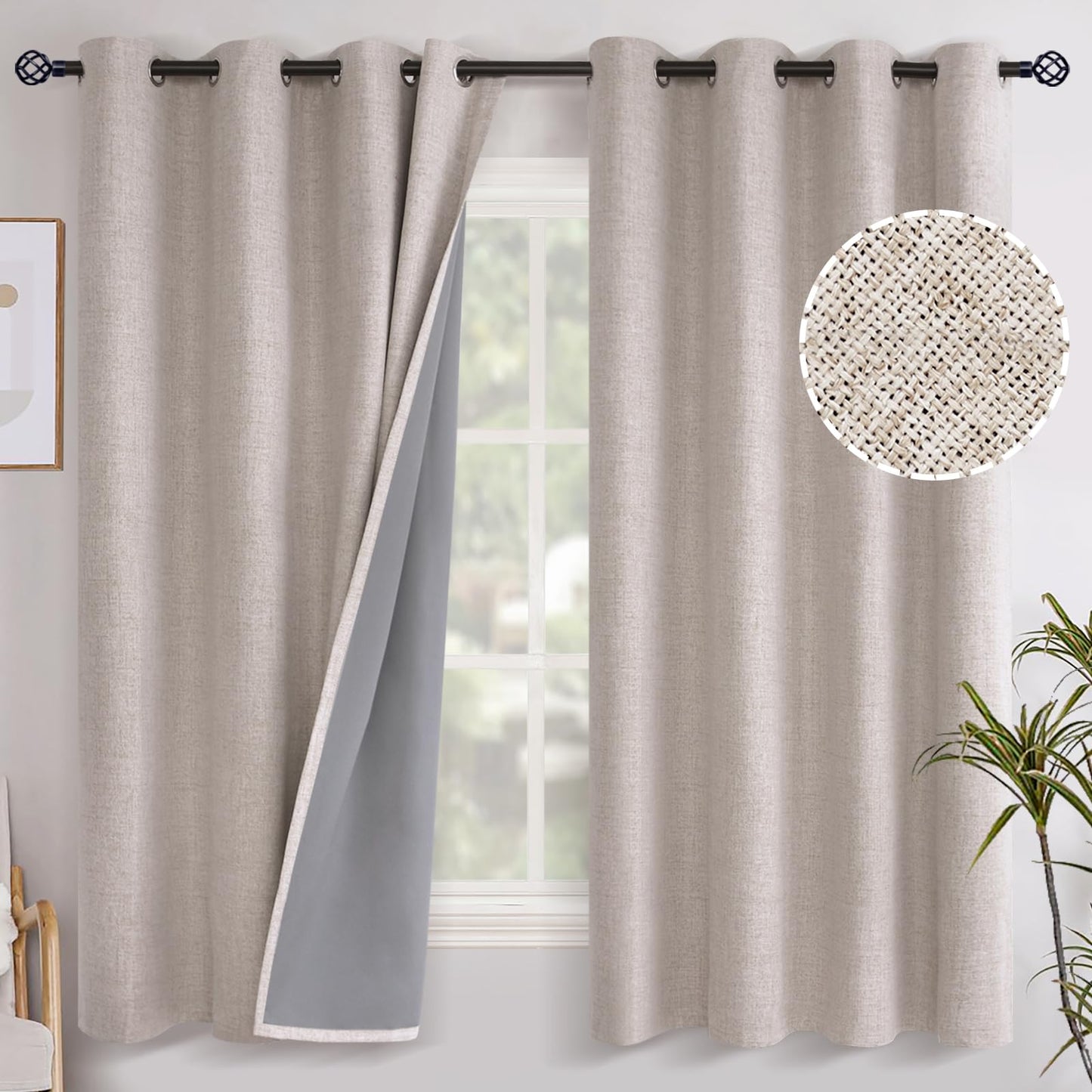 YoungsTex Linen Blackout Curtains 63 Inch Length for Bedroom, Room Darkening Window Drapes with Grommet Thermal Insulated Black Out Blinds for Living Room, 2 Panels, 52 X 63 Inch, Beige