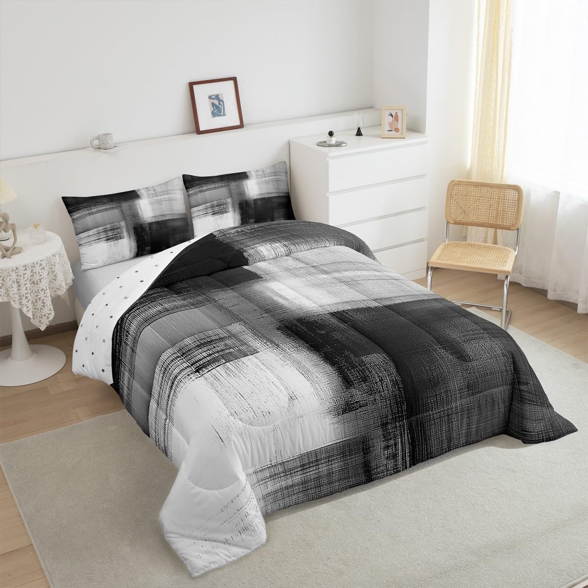 Feelyou Gray Abstract Art Comforter Set for Kids Boys Girls Modern Art Bedding Set Queen Size Abstract Oil Painting Duvet Quilt Geometric Bedroom Decor Breathable Soft Lightweight Microfiber 3Pcs