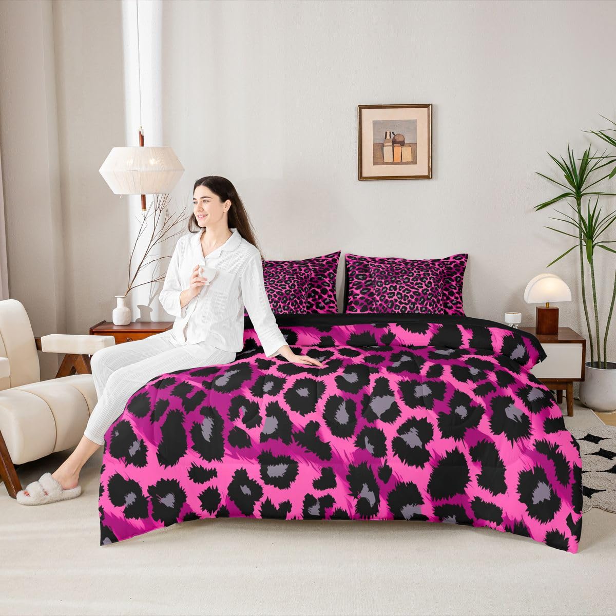 Erosebridal 7 Pcs Comforter Set King Size, Leopard Print Wild Animal Bedding Set for Kids and Adults, African Cheetah Wildlife Bed Sheet Sets with Fitted Sheet Pillowcases & Shams, Hot Pink Black