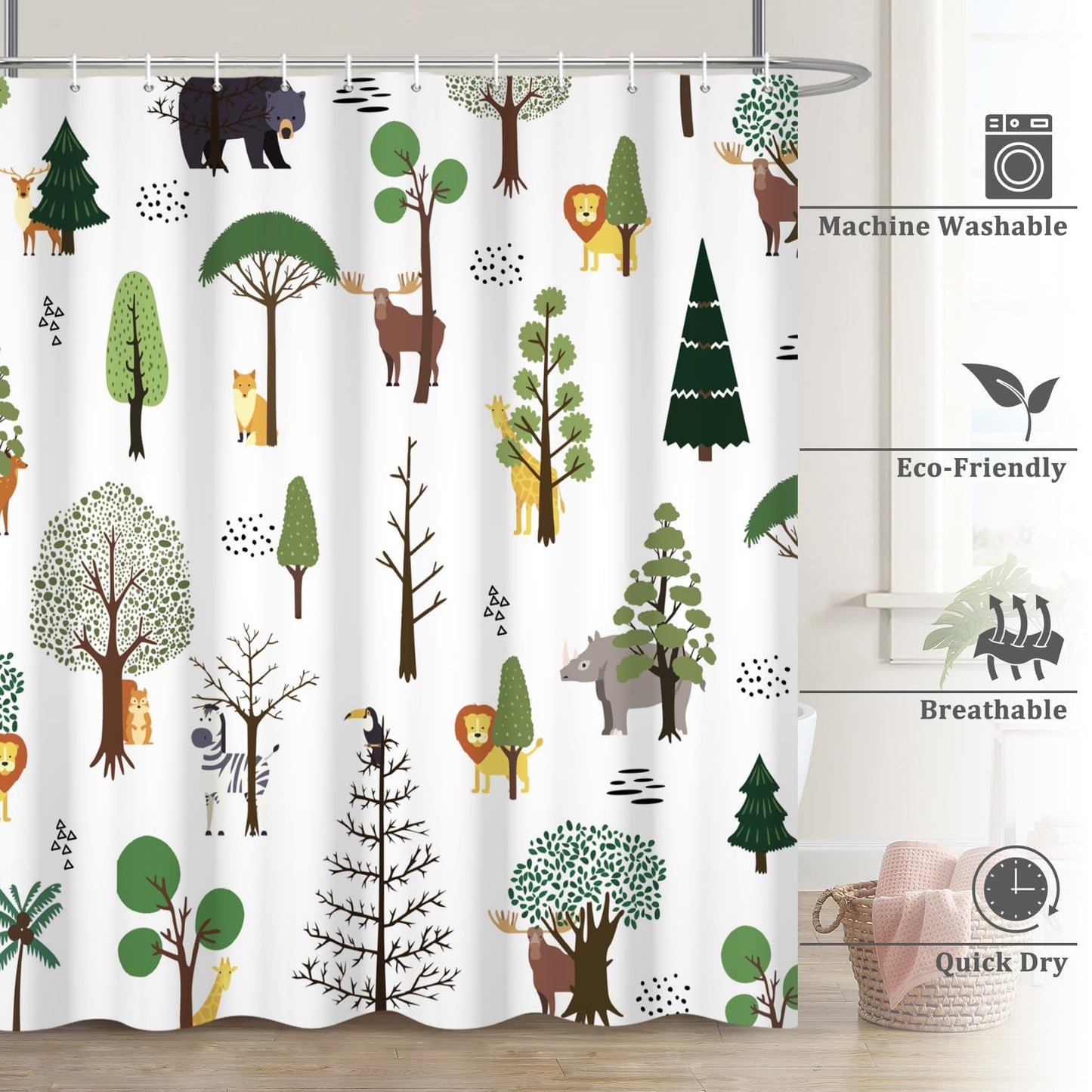 Renaiss 72 x 72 Inch Rustic Forest Kids Shower Curtain Set for Bathroom Country Lion Giraffe Zebra Bear Woodland Wild Animals Farmhouse Bathroom Shower Curtain Nature Tree Bathtub Decor Set with Hooks
