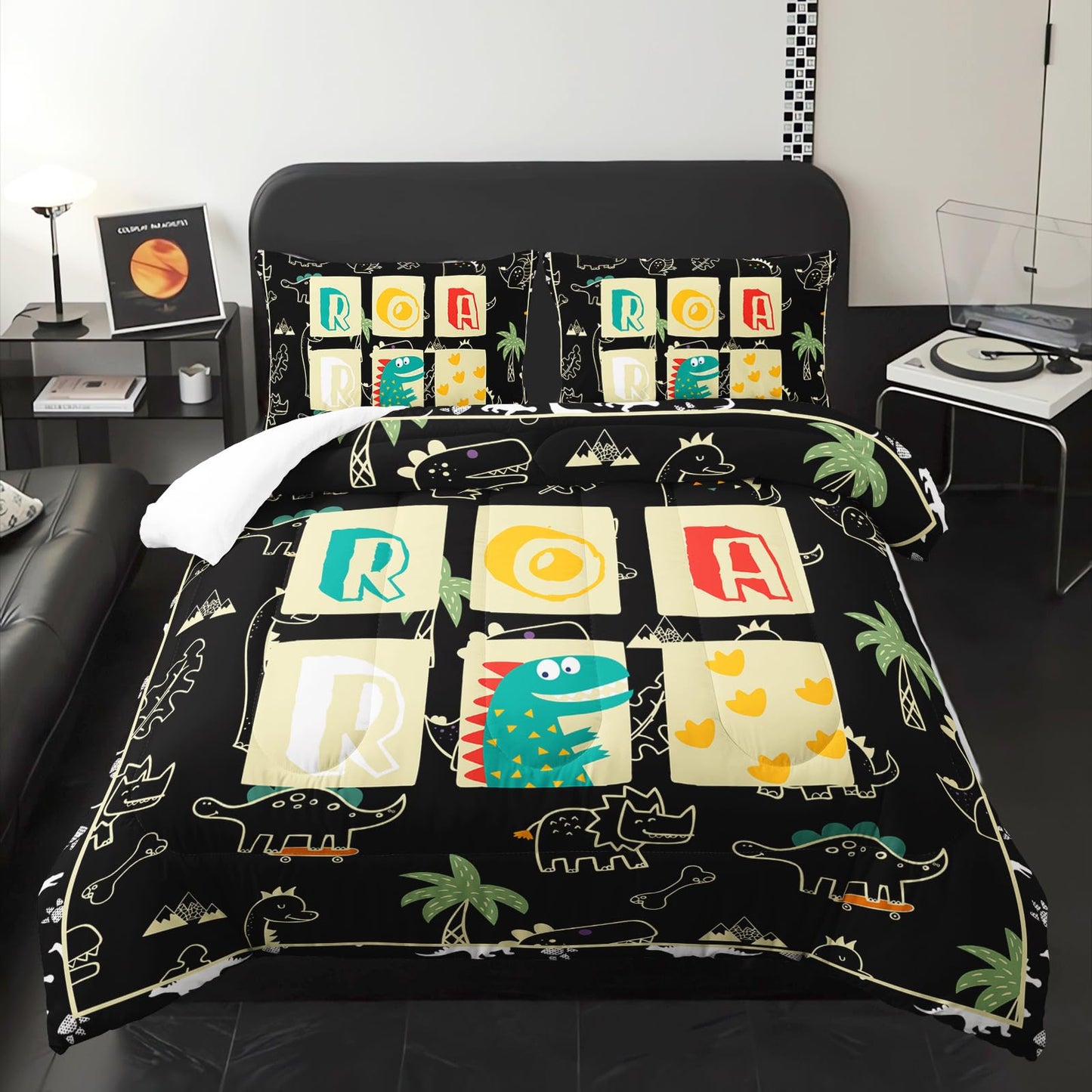 lneffble Kids Dinosaur Comforter Set Twin Size for Boys，Black Twin Size Dinosaur Bedding Sets for Boys with 1 Comforter with 2 Pillow Case