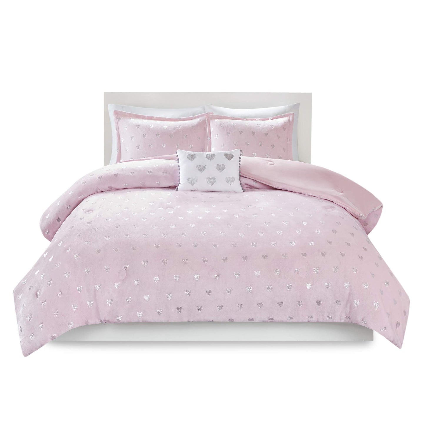 Intelligent Design Twin Comforter Set, 3 Piece Metallic Hearts Cozy Bedroom Set for Girls, Twin Bed Set Soft & Plush Comforter, All Season Fluffy Bedding Set, Rosalie, Twin/Twin XL, Pink Silver