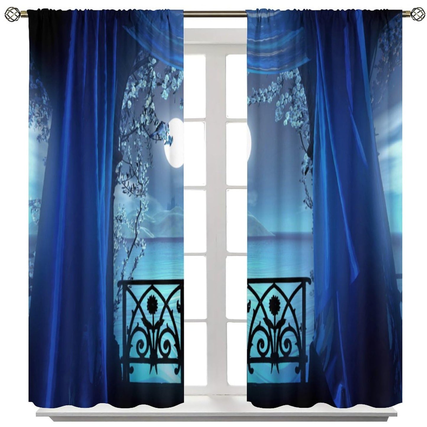 YCness Gothic Window Curtains, Retro Palace Architecture White Flowers Horror Atmosphere Calm Lake Scenery Window Treatments for Kitchen Bedroom Living Room 2 Panels Blue Drapes 42x45 Inch