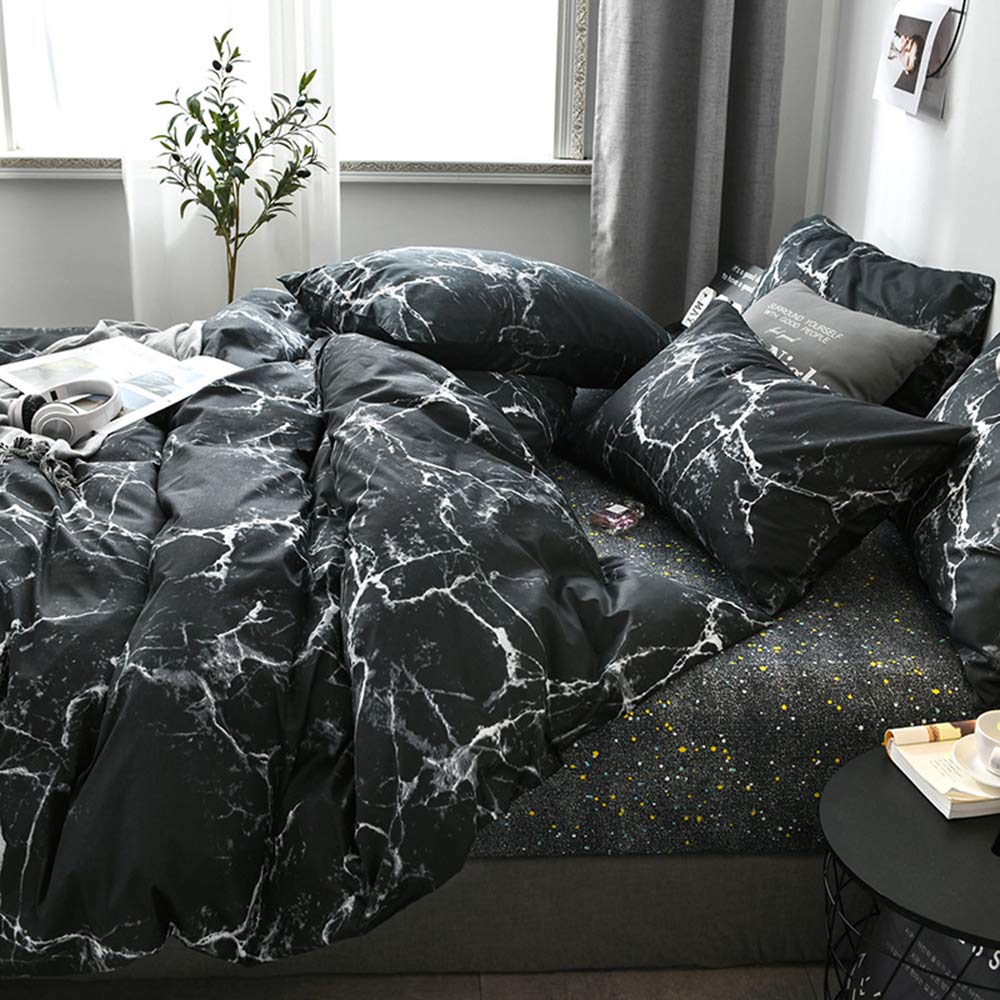Luxlovery Black Marble Comforter Set Queen Black Marble Bed Set Full Cotton Comforter Cozy Beathable Soft Black and White Marble Quilts Blanket Modern Comforter Set