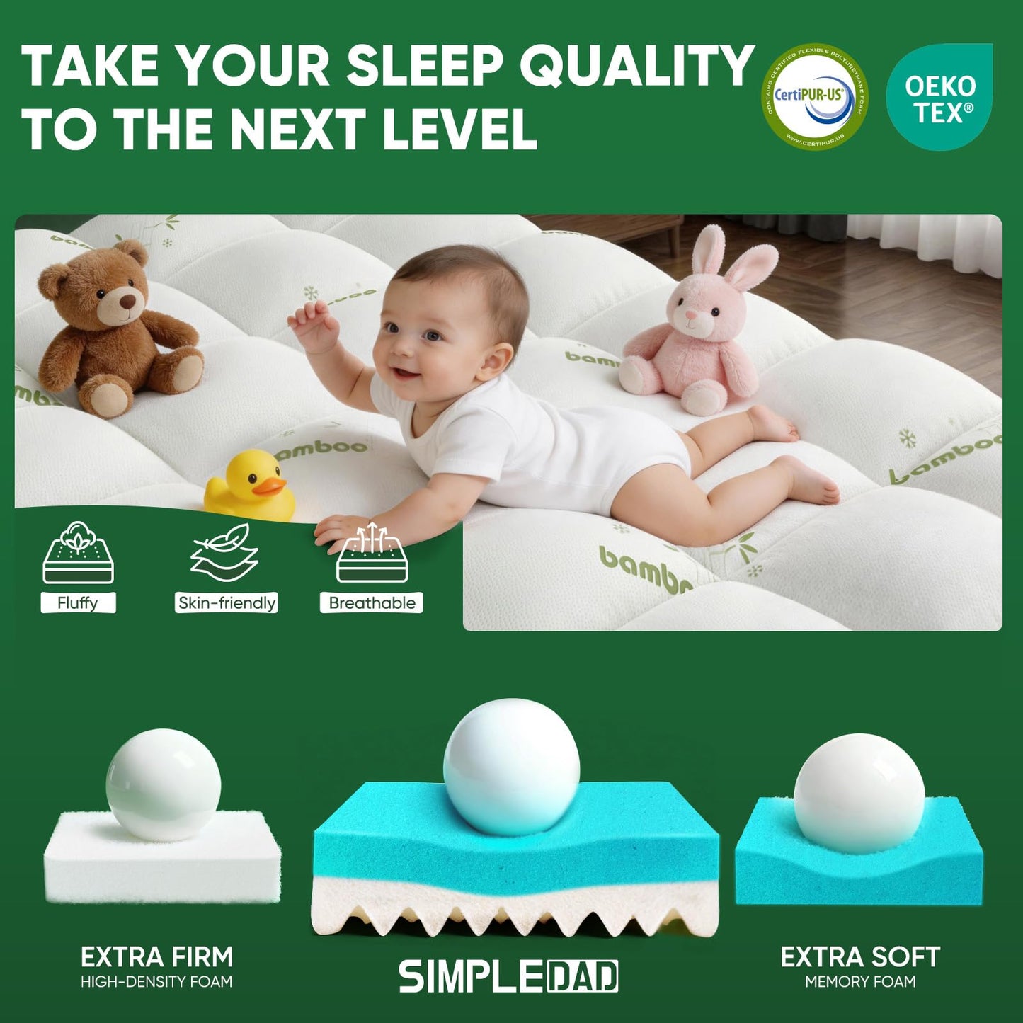 California King Mattress Topper, Dual Layer 4.5" Memory Foam Mattress Topper with 2" 1250GSM Cooling Mattress Pad (Breathable Viscose Made from Bamboo) & 2.5" Gel Memory Foam. Comfort Bed Topper