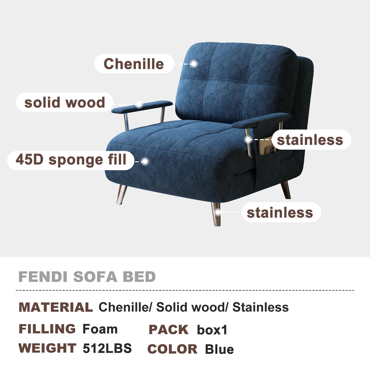 Vakdle 5-in-1 Chenille Convertible Sofa Bed with 5-Position Adjustable Backrest Sleeper Sofa Chair with Armrest Storage Pocket Mid-Century Style Sleeper Chair for Living Room