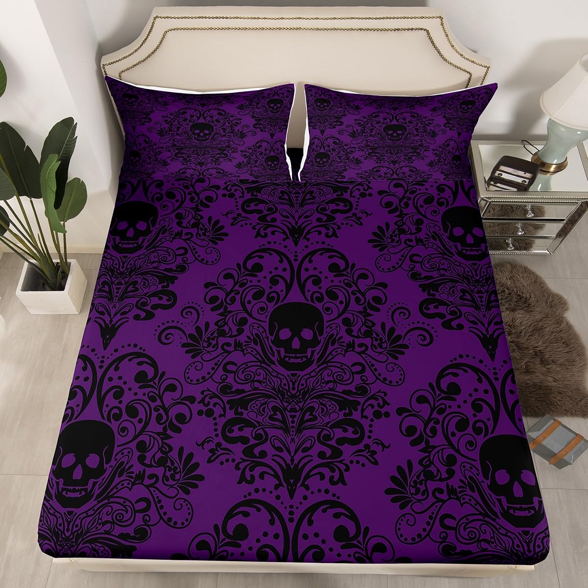 Feelyou Gothic Skull Bed Sheets Set Full Size Damask Print Deep Pocket Fitted Sheet Goth Bohemian Bedding Sets Black Purple Soft Bed Set 4Pcs with 2 Pillow Cases