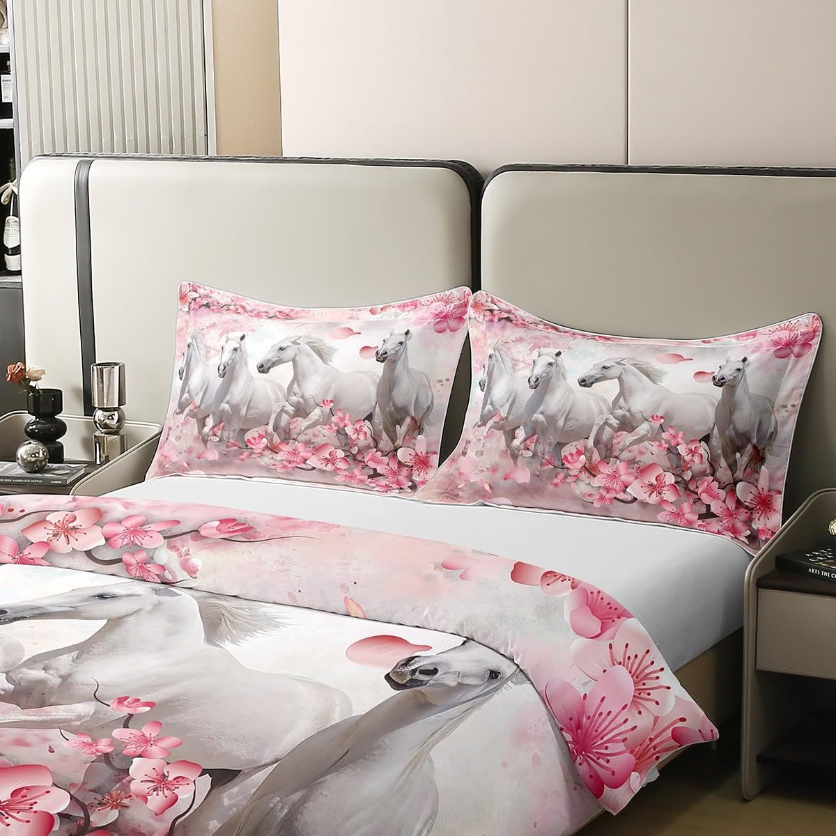 100% Cotton Galloping Horse Comforter Cover, Teens Western Cowboy Duvet Cover Queen Size, Cherry Blossoms Petal Bedding Set for Kids Boys Girls, Farm Animal Quilt Cover Living Room Decor, Pink White