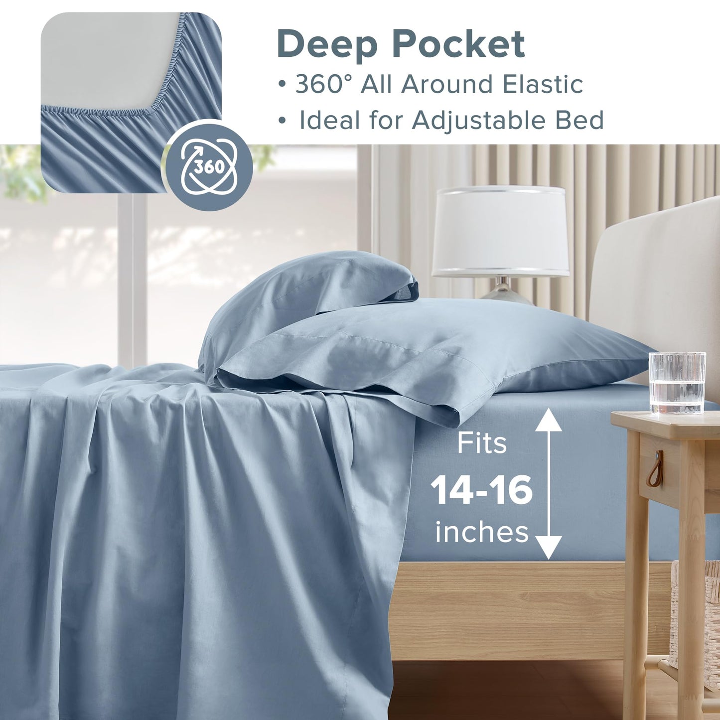 Comfort Spaces 100% Cotton Sheet Set Breathable, Lightweight, Soft with 14" Elastic Pocket Fits up to 16" Mattress, All Season Cozy Bedding, Matching Pillow Case, King Blue 4 Piece