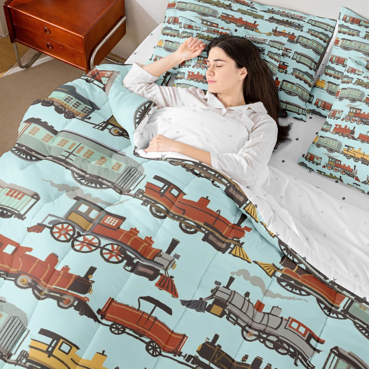 7 Pieces Twin Size Cartoon Train Comforter Set,Retro Steam Engine Train Bedding Set for Boys Girls,Railroad Track Transport Teal boho (Comforter+Fitted+Flat Sheet+2 Pillowcases+2 Throw Pillow Covers)