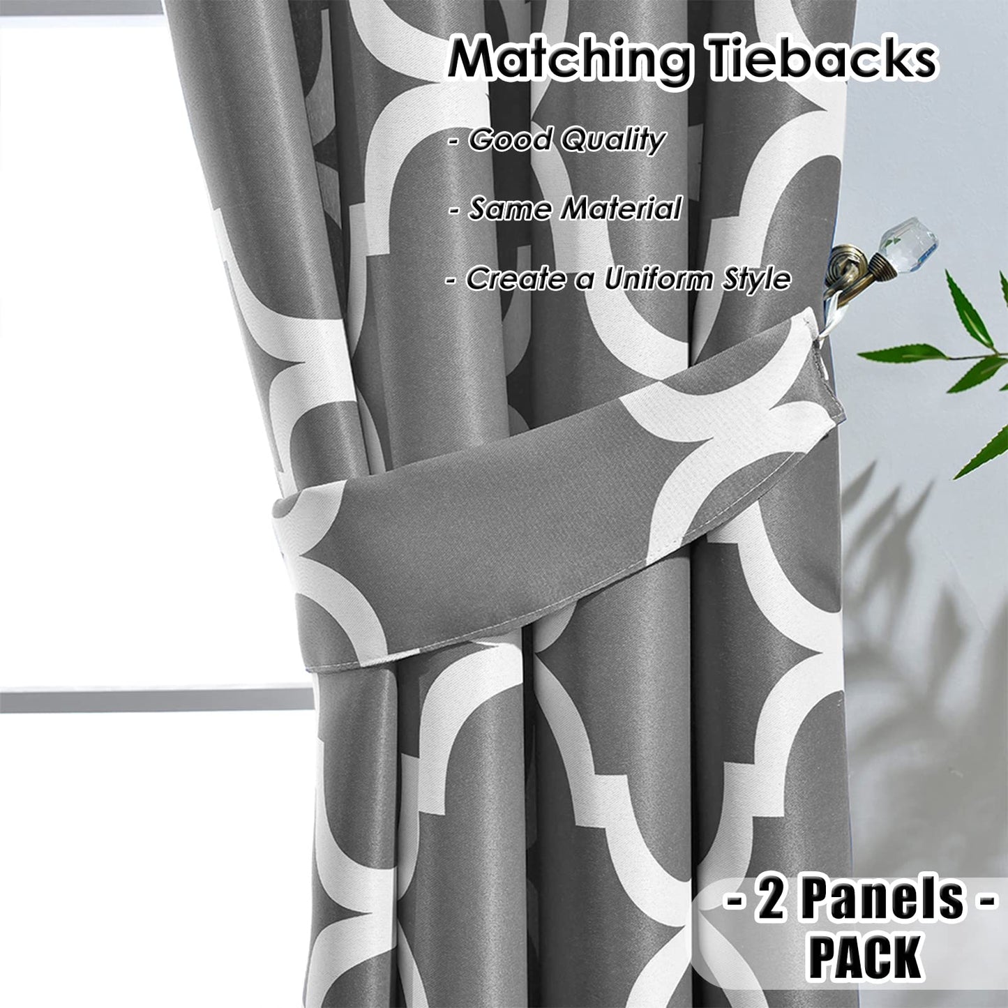 Melodieux Moroccan Printed Room Darkening Blackout Grommet Curtains for Living Room Bedroom, 52 by 84 Inch, Grey (2 Panels)