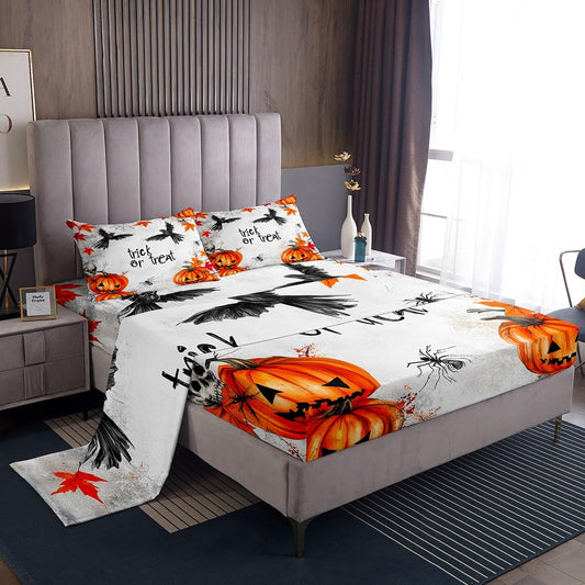 Feelyou Kids Halloween Bed Sheets Set Full Size, Pumpkin Sheet Set Boys Girls Trick or Treat Bedding Set Spider Web Teens Bedroom Decor Soft Bed Set 4Pcs