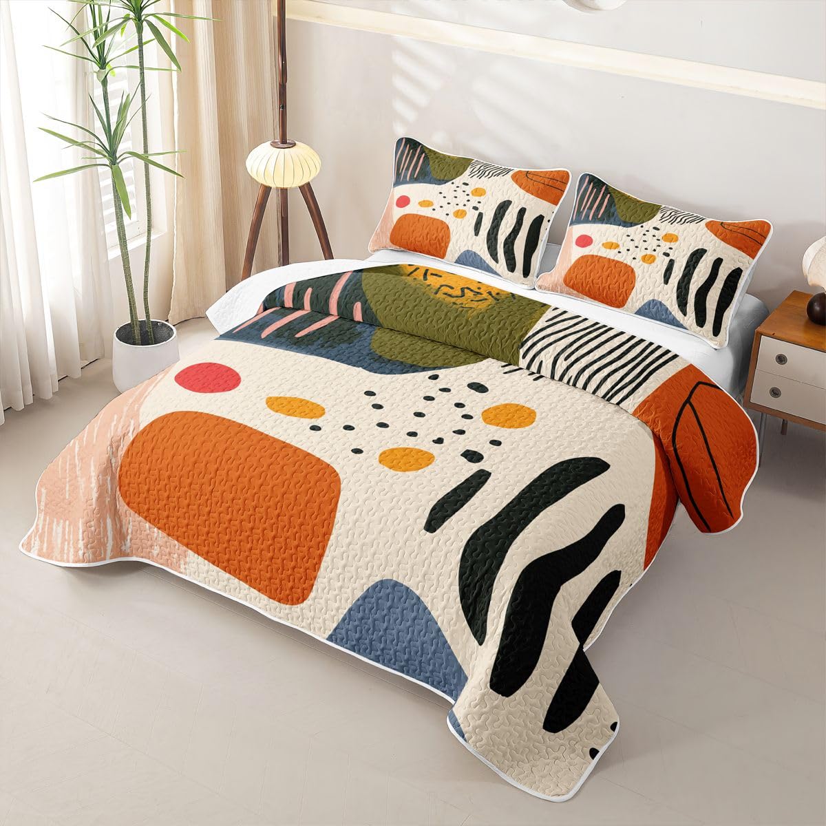 Erosebridal Mid Century Boho King Quilt Bedding Set Boho Orange Abstract Summer Lightweight Bedspread Geometric Aesthetic Coverlet for Kids Adults Contemporary Minimalist Quilted Comforter 3 Pieces