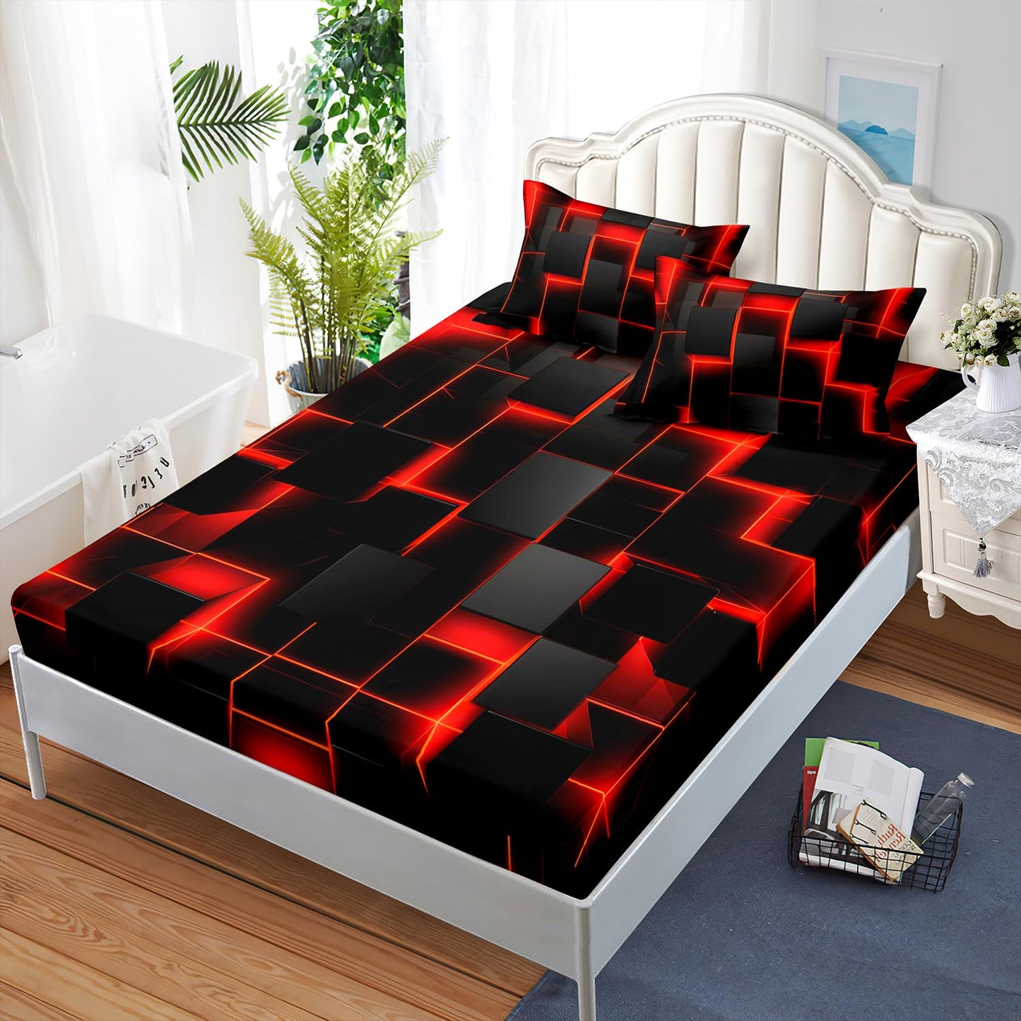 AILONEN Black and Red Checkered Fitted Sheet Set Queen Size,Abstract Square Plaid Modern Geometric Bed Sheet Set,3-Piece Gradient Neon Cubes Themed Bedding Set,1 Fitted Sheet with 2 Pillowcases